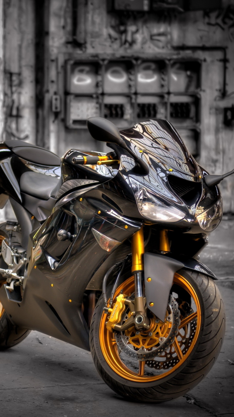 Grayscale Photo of Sports Bike Parked on Sidewalk. Wallpaper in 750x1334 Resolution