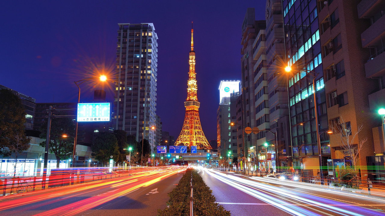 City Buildings With Lights During Night Time. Wallpaper in 1280x720 Resolution