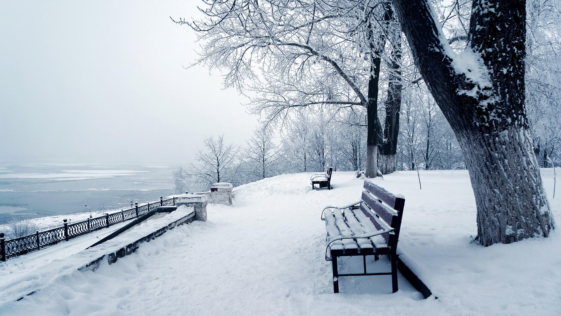 Brown Wooden Bench on Snow Covered Ground. Wallpaper in 1920x1080 Resolution