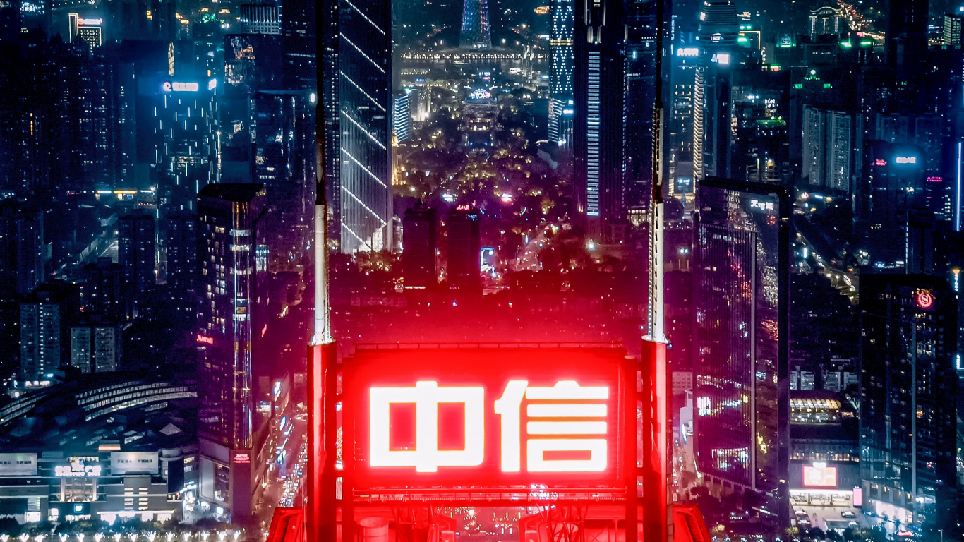 Bâtiments de la Ville Rouge et Noir Pendant la Nuit. Wallpaper in 1366x768 Resolution