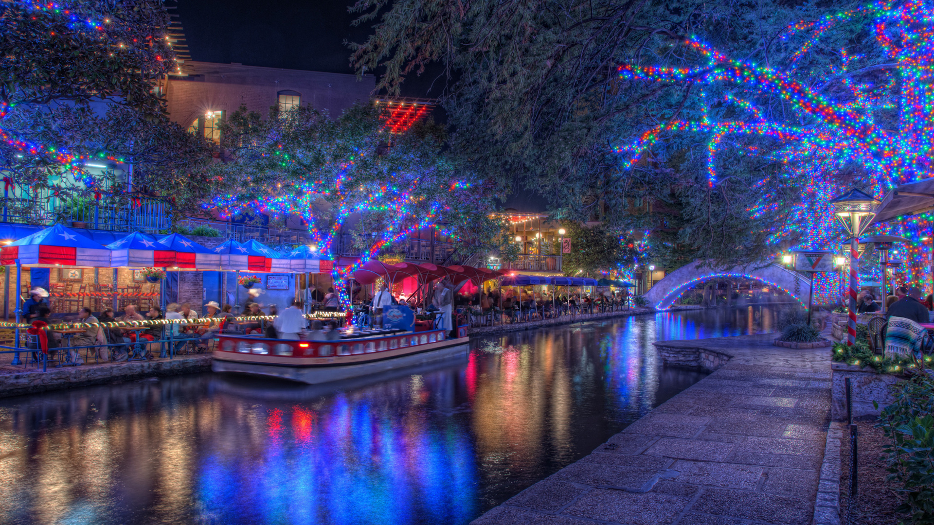 Christmas Day, Christmas Lights, Night, Waterway, Reflection. Wallpaper in 1920x1080 Resolution