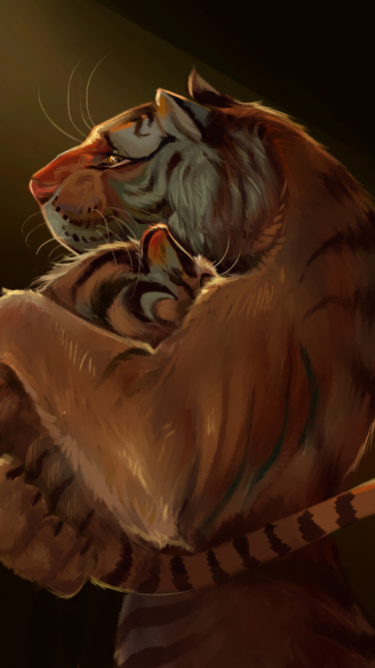 Brown and White Tiger Illustration. Wallpaper in 750x1334 Resolution