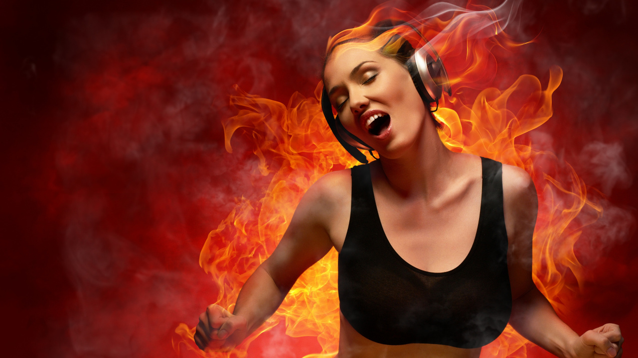 Flamme, Muskel, Feuer, DJ-mixer, Mädchen. Wallpaper in 1280x720 Resolution