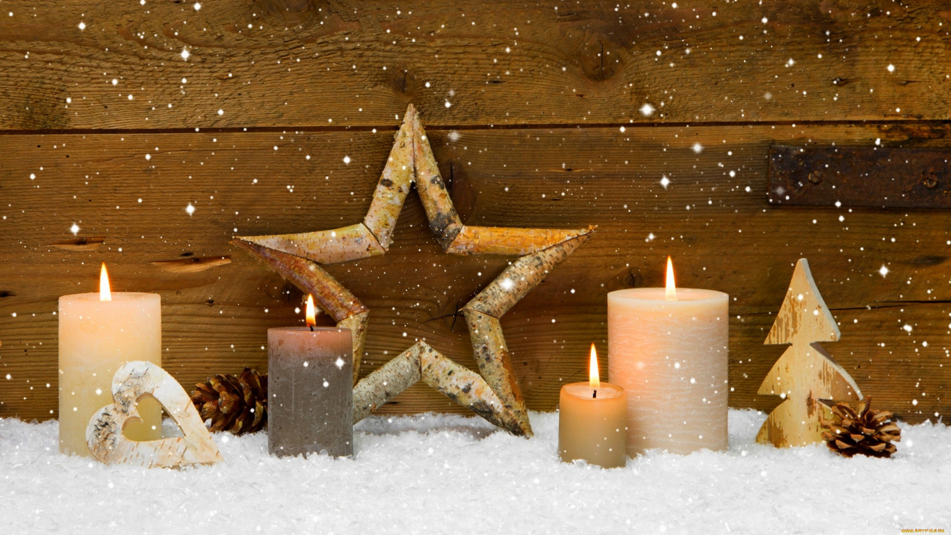 Le Jour De Noël, Hiver, Neige, Éclairage, Bougie. Wallpaper in 1366x768 Resolution