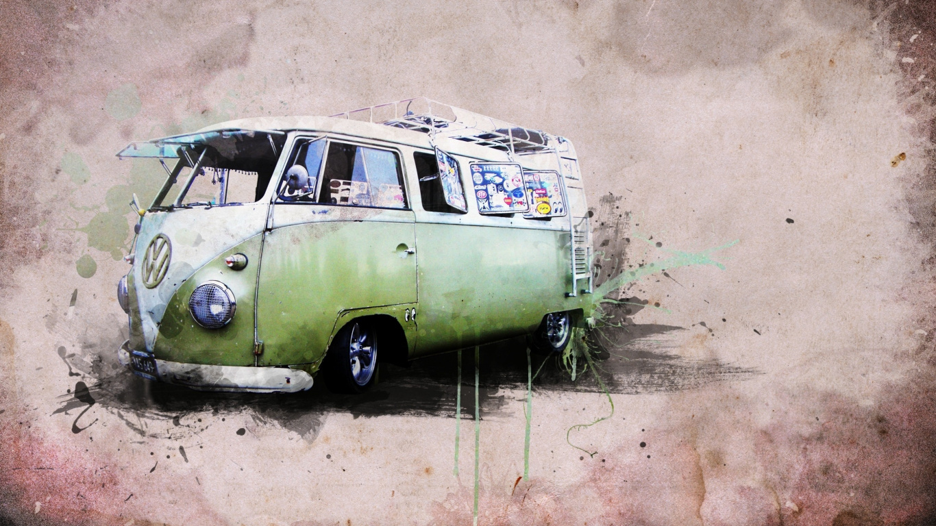 Green and White Volkswagen T-1. Wallpaper in 1366x768 Resolution