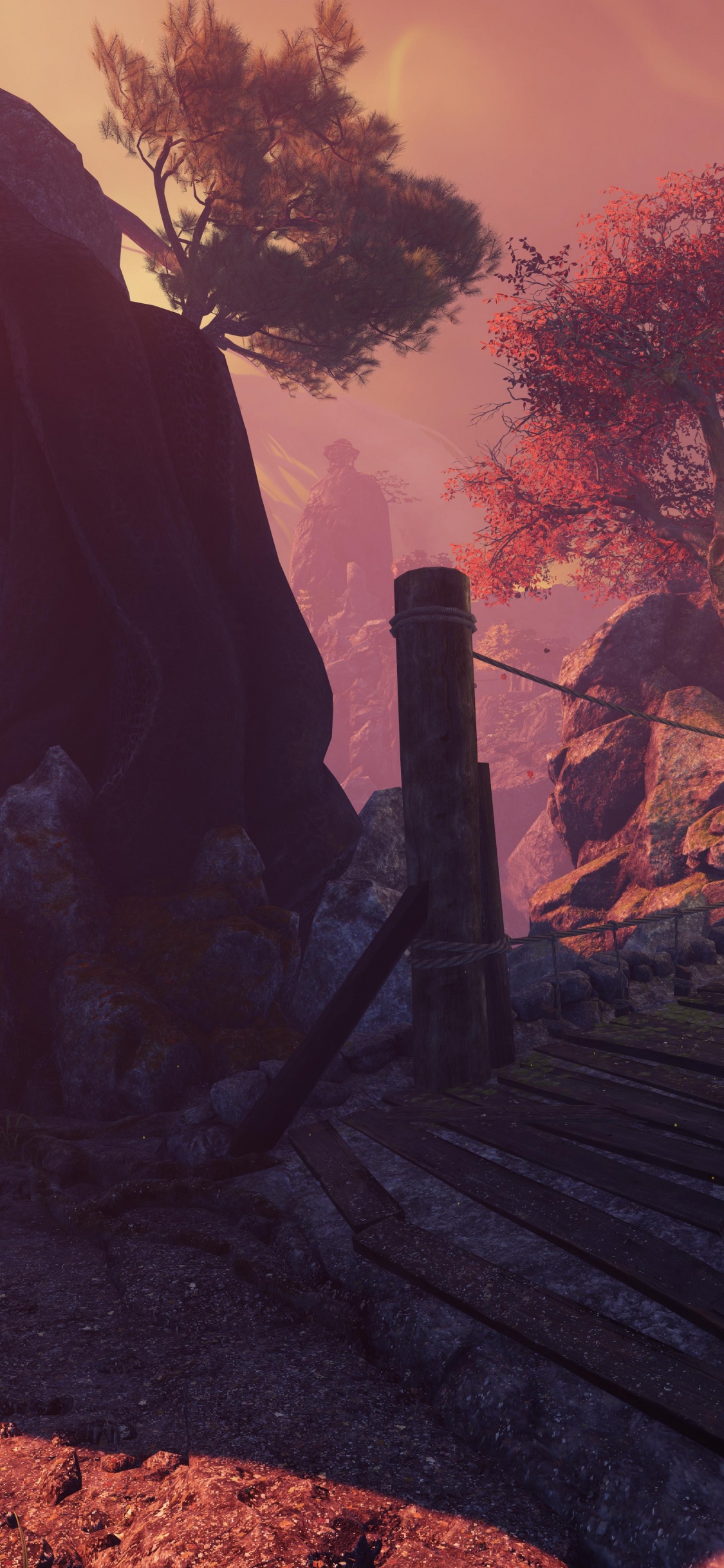 Brown Wooden Stairs Near Brown Rock Formation During Sunset. Wallpaper in 1125x2436 Resolution