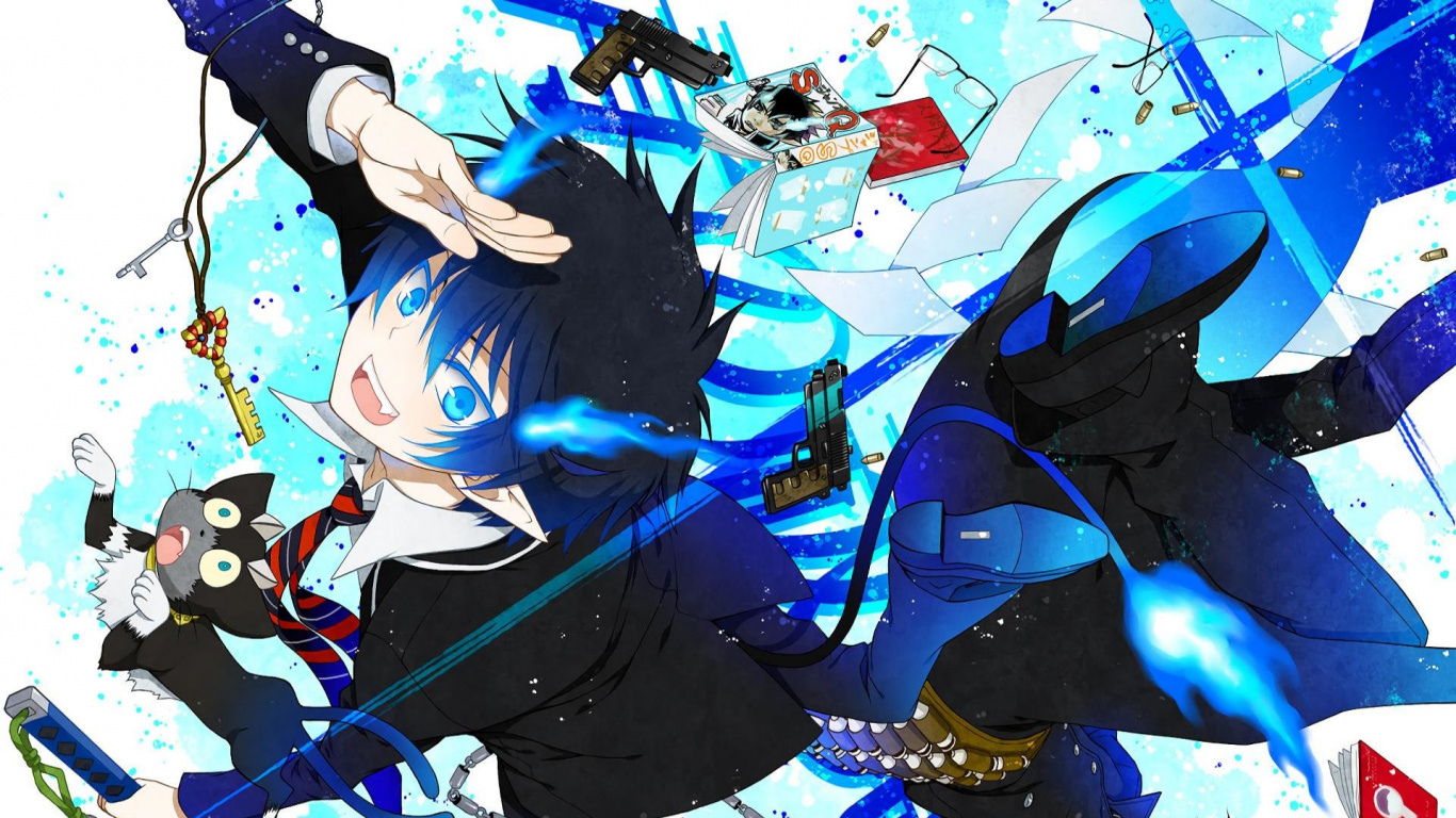 Blauhaariger Männlicher Anime-Charakter. Wallpaper in 1366x768 Resolution