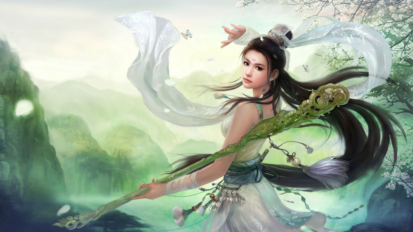 Woman in Green Dress With White Wings Illustration. Wallpaper in 1366x768 Resolution