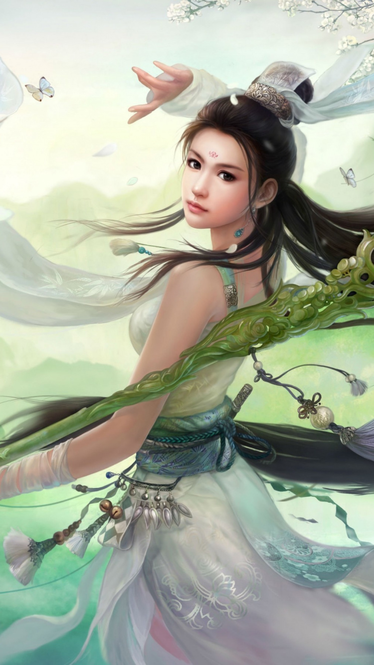 Woman in Green Dress With White Wings Illustration. Wallpaper in 750x1334 Resolution