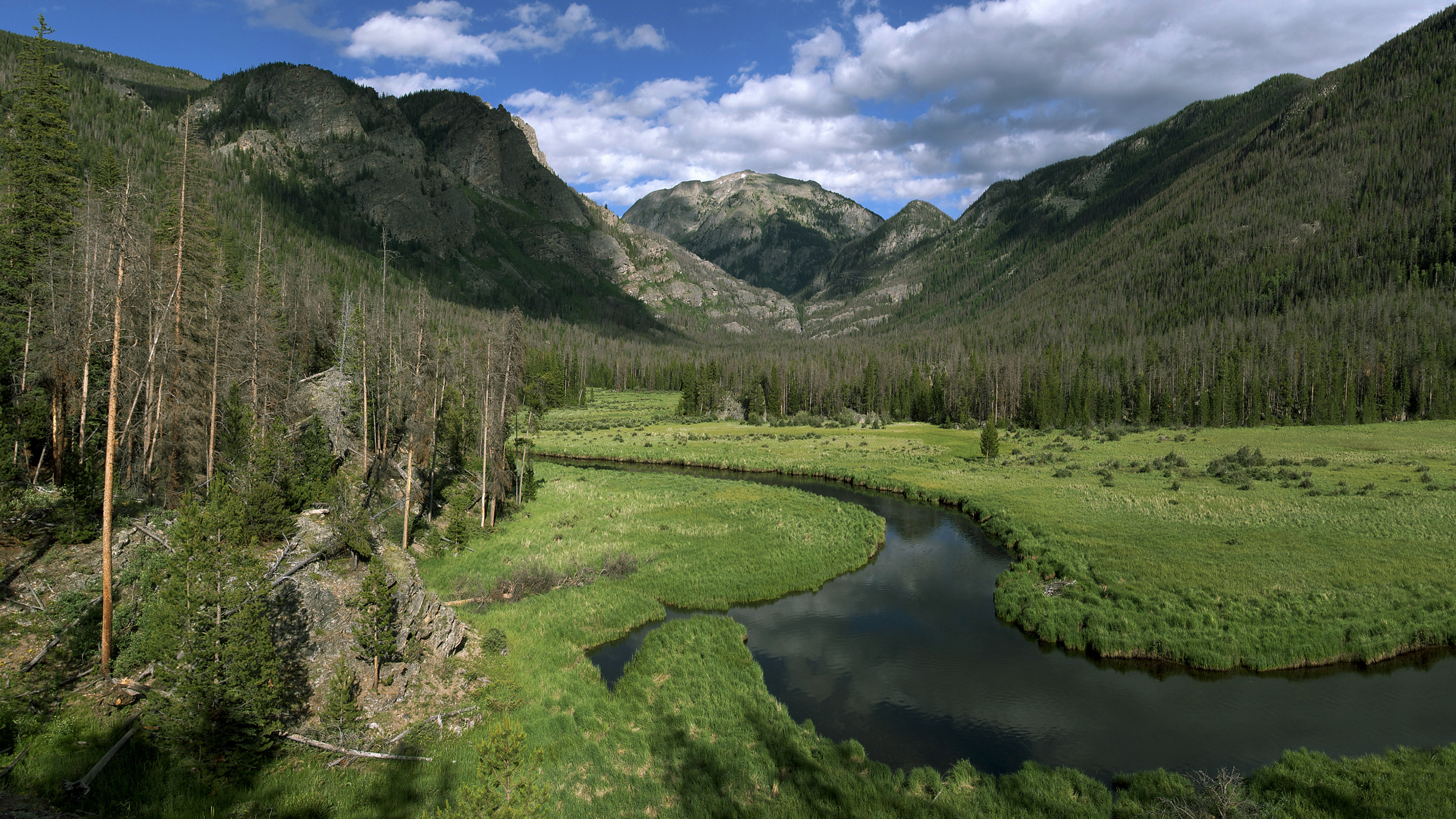 Green Grass Field Near Lake and Mountains Under Blue Sky During Daytime. Wallpaper in 2560x1440 Resolution
