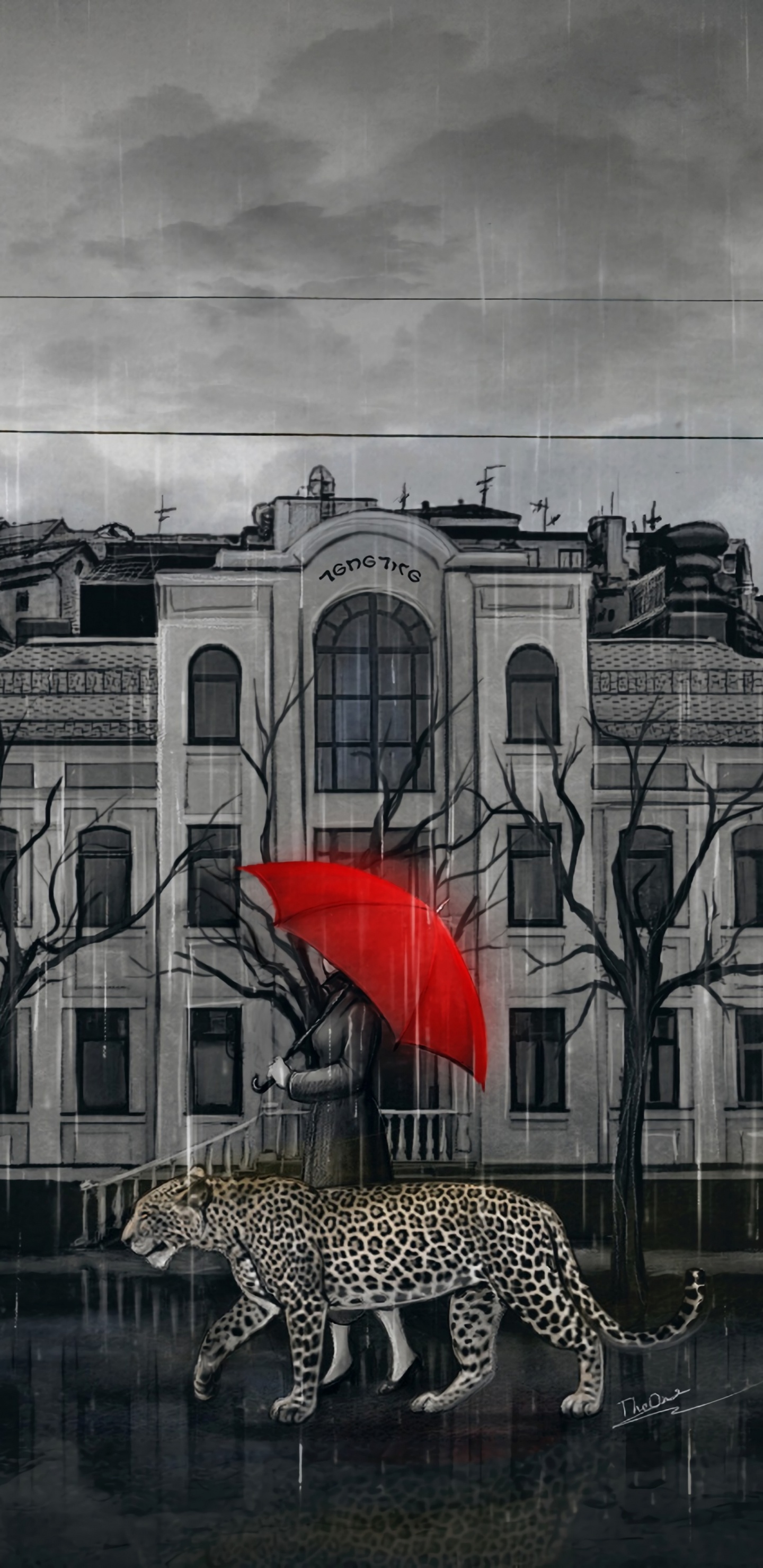 Red Umbrella on The Street in Front of White Building. Wallpaper in 1440x2960 Resolution