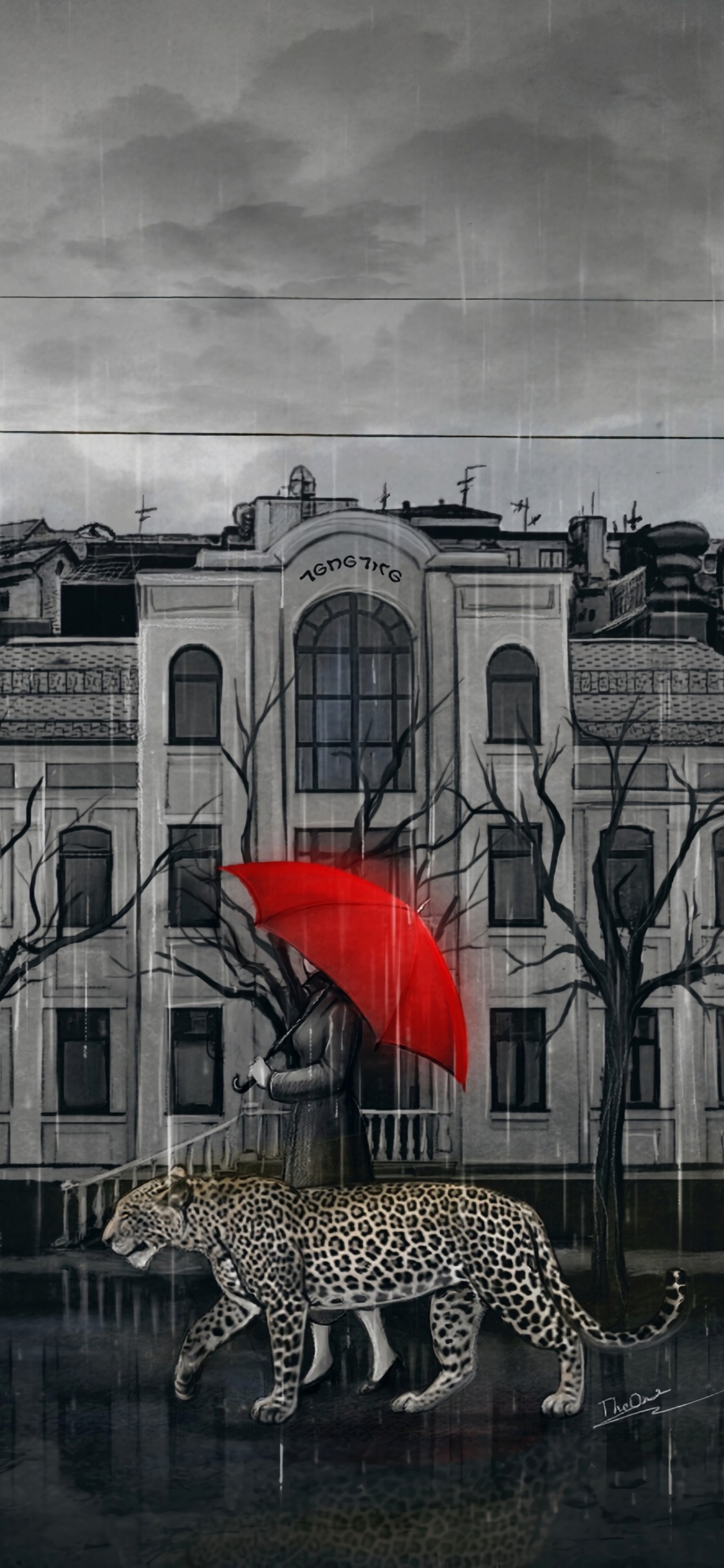 Roter Regenschirm Auf Der Straße Vor Weißem Gebäude. Wallpaper in 1125x2436 Resolution