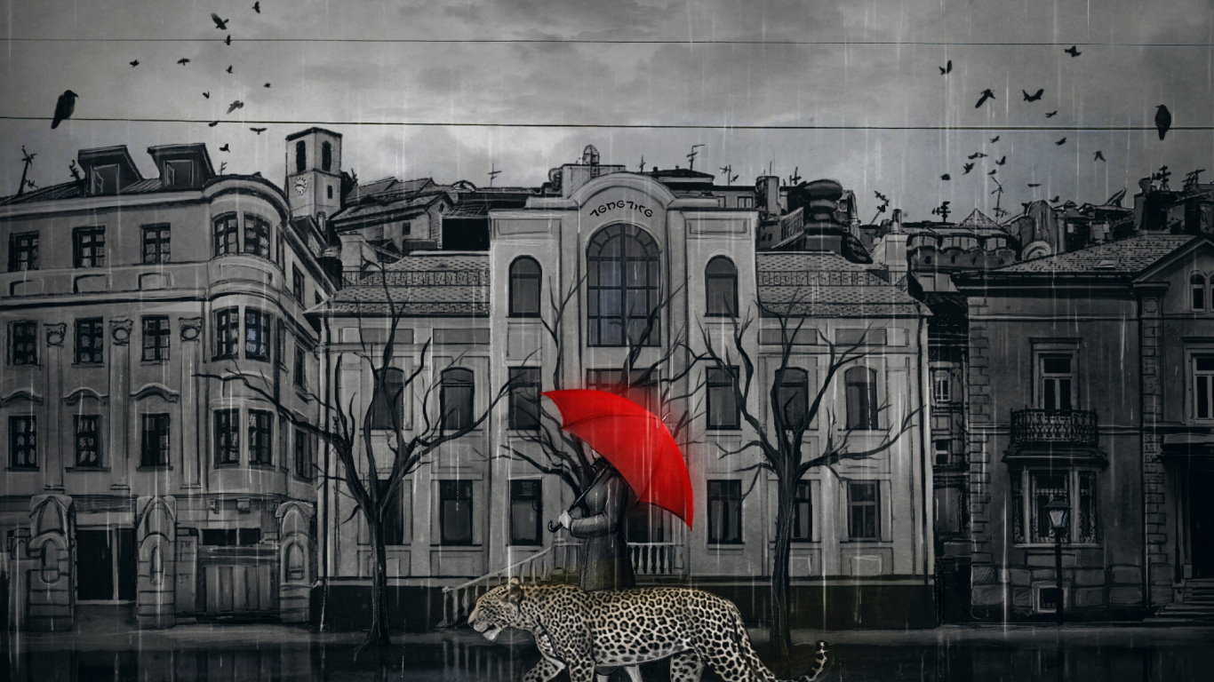 Roter Regenschirm Auf Der Straße Vor Weißem Gebäude. Wallpaper in 1366x768 Resolution