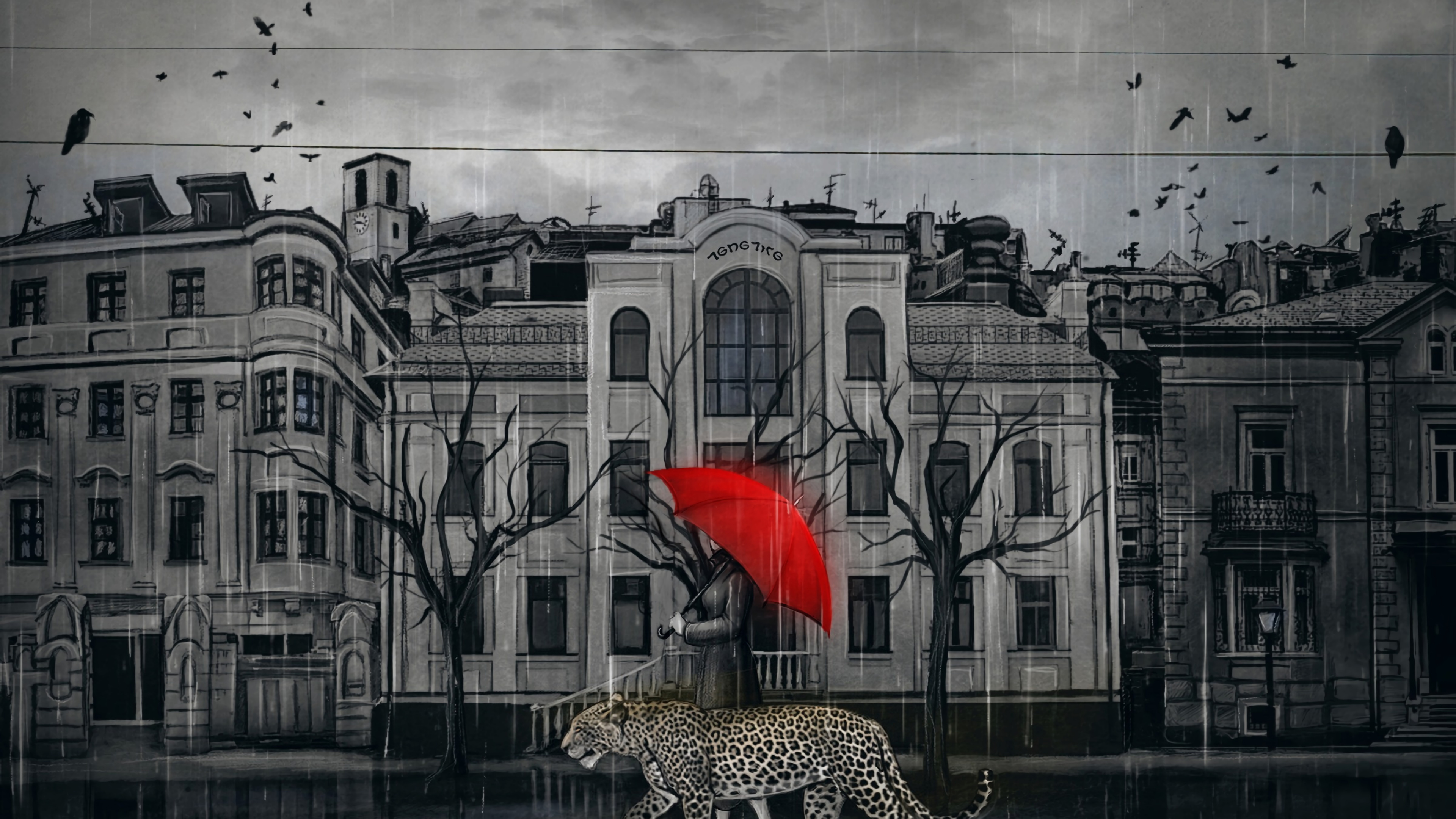 Roter Regenschirm Auf Der Straße Vor Weißem Gebäude. Wallpaper in 3840x2160 Resolution