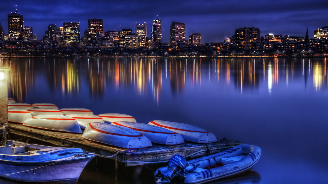 Blue and White Boat on Water During Night Time. Wallpaper in 1366x768 Resolution