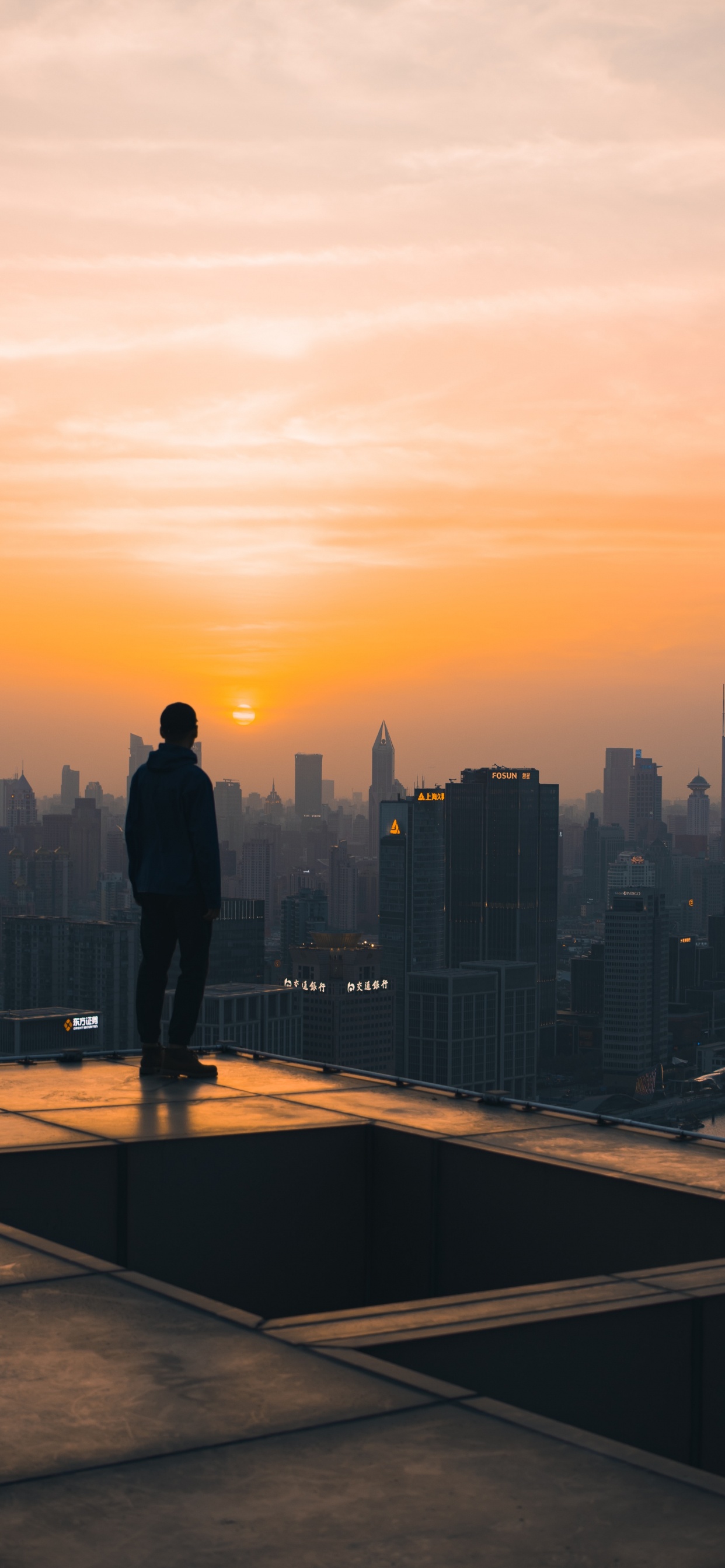 L'homme en Veste Noire Debout au Sommet du Bâtiment Pendant le Coucher du Soleil. Wallpaper in 1242x2688 Resolution