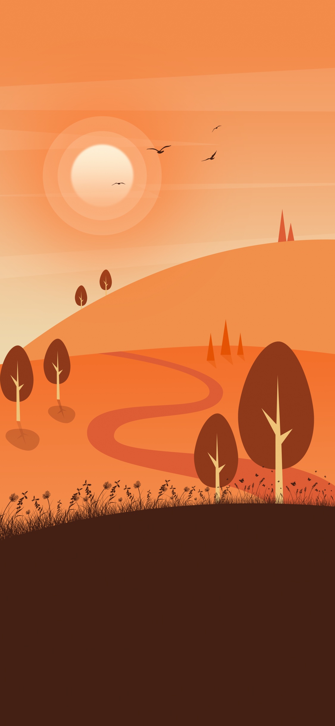 Gras-Silhouette, Atmosphäre, Ökoregion, Natur, Orange. Wallpaper in 1125x2436 Resolution