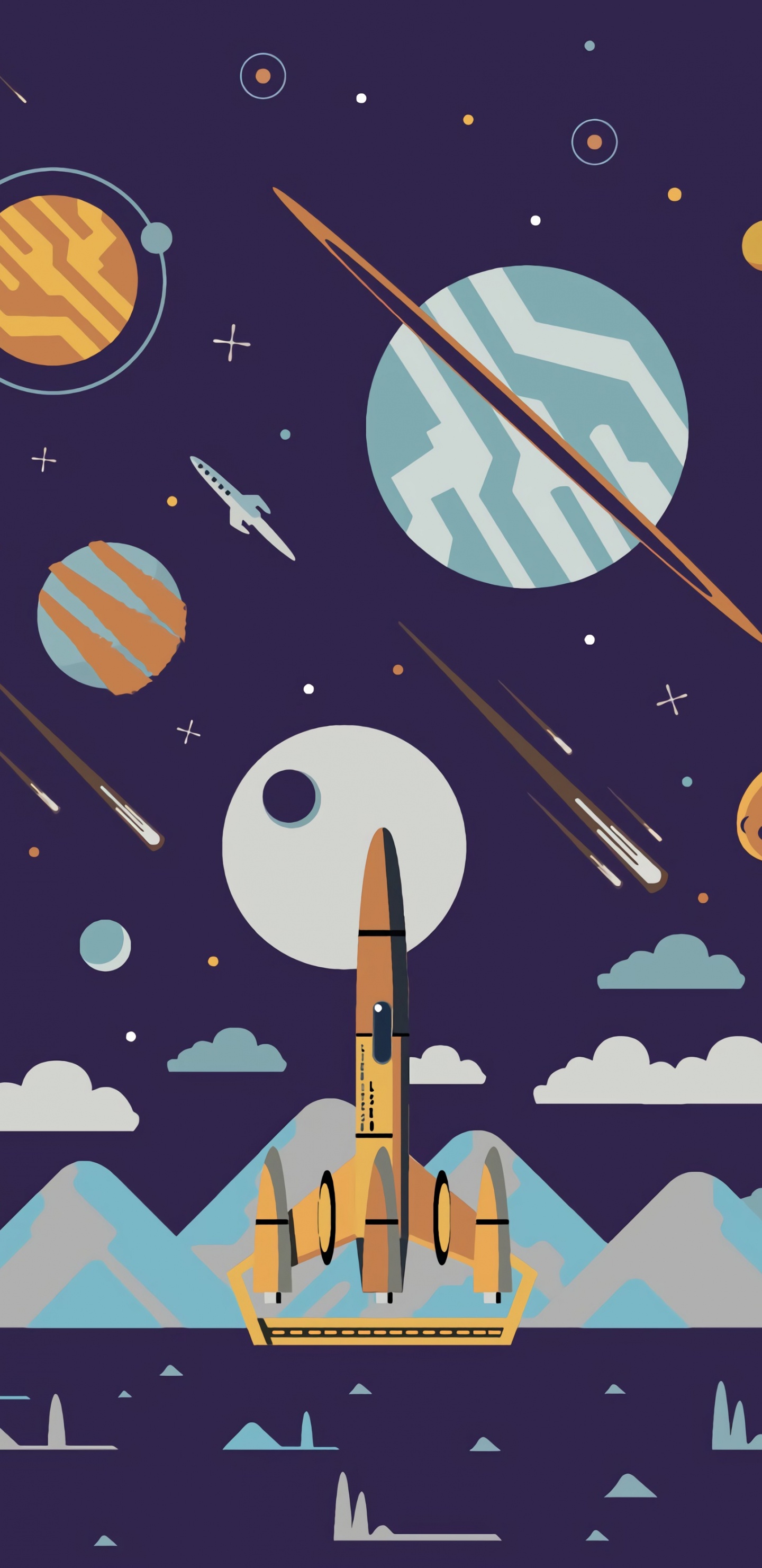 Illustration de Vaisseau Spatial Bleu et Jaune. Wallpaper in 1440x2960 Resolution