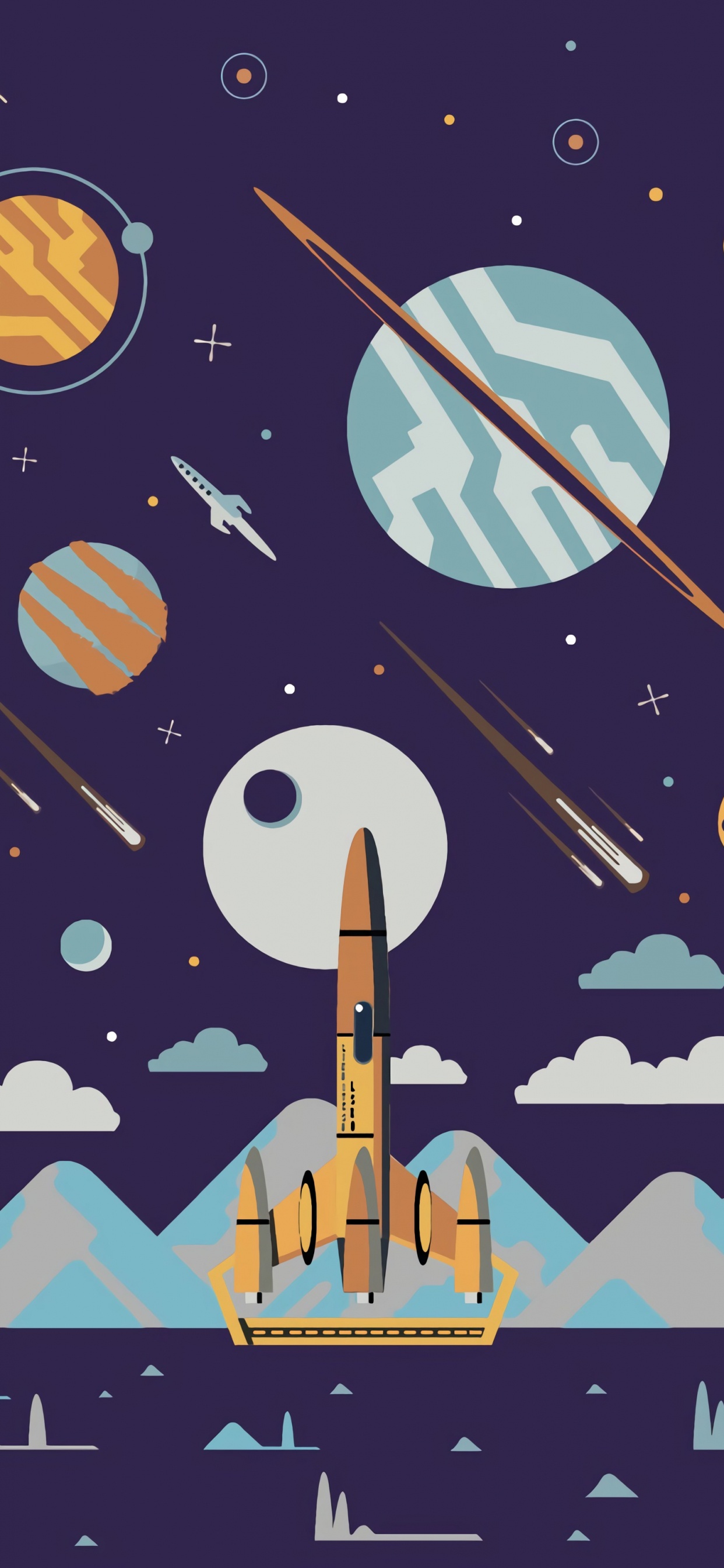 Blue and Yellow Space Ship Illustration. Wallpaper in 1242x2688 Resolution