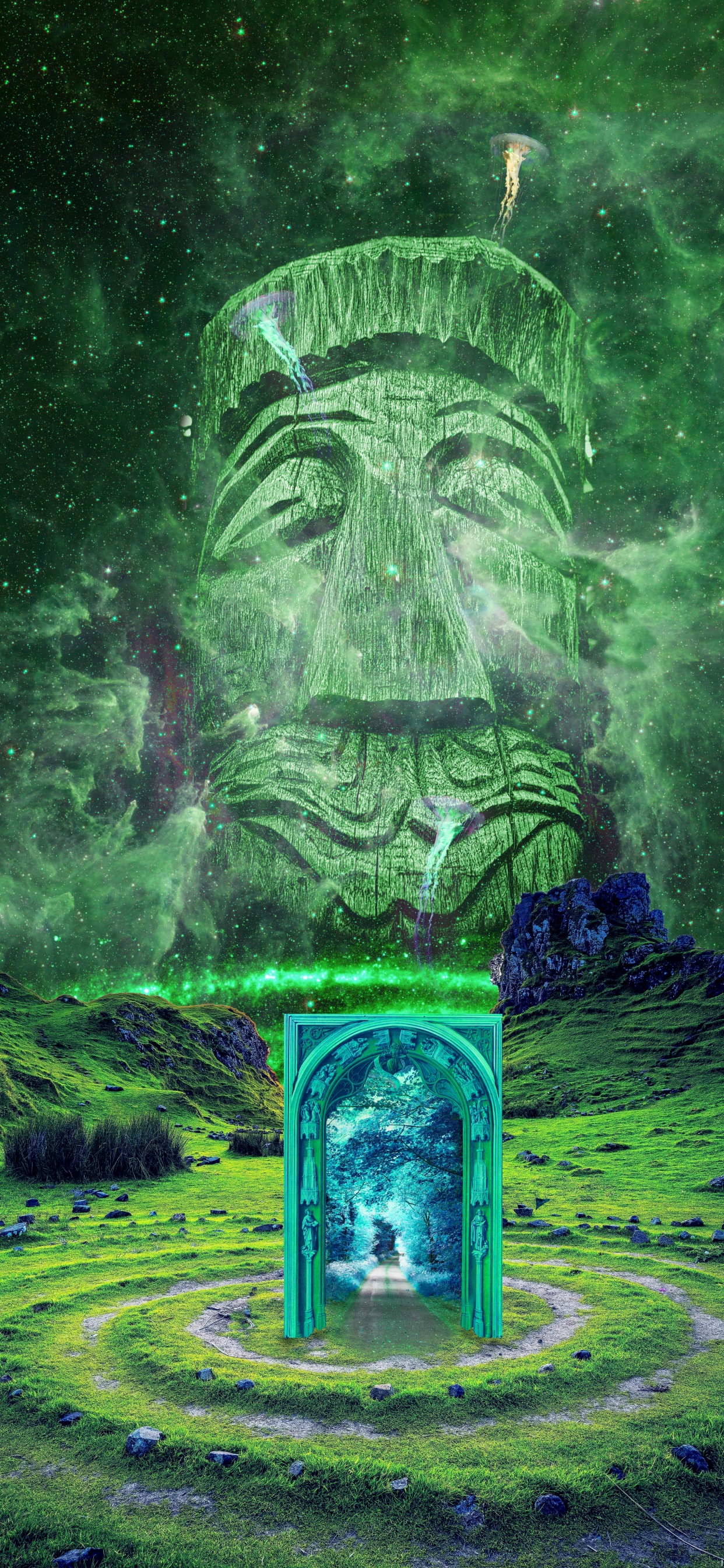 Grüner Und Lila Wasserbrunnen. Wallpaper in 1242x2688 Resolution