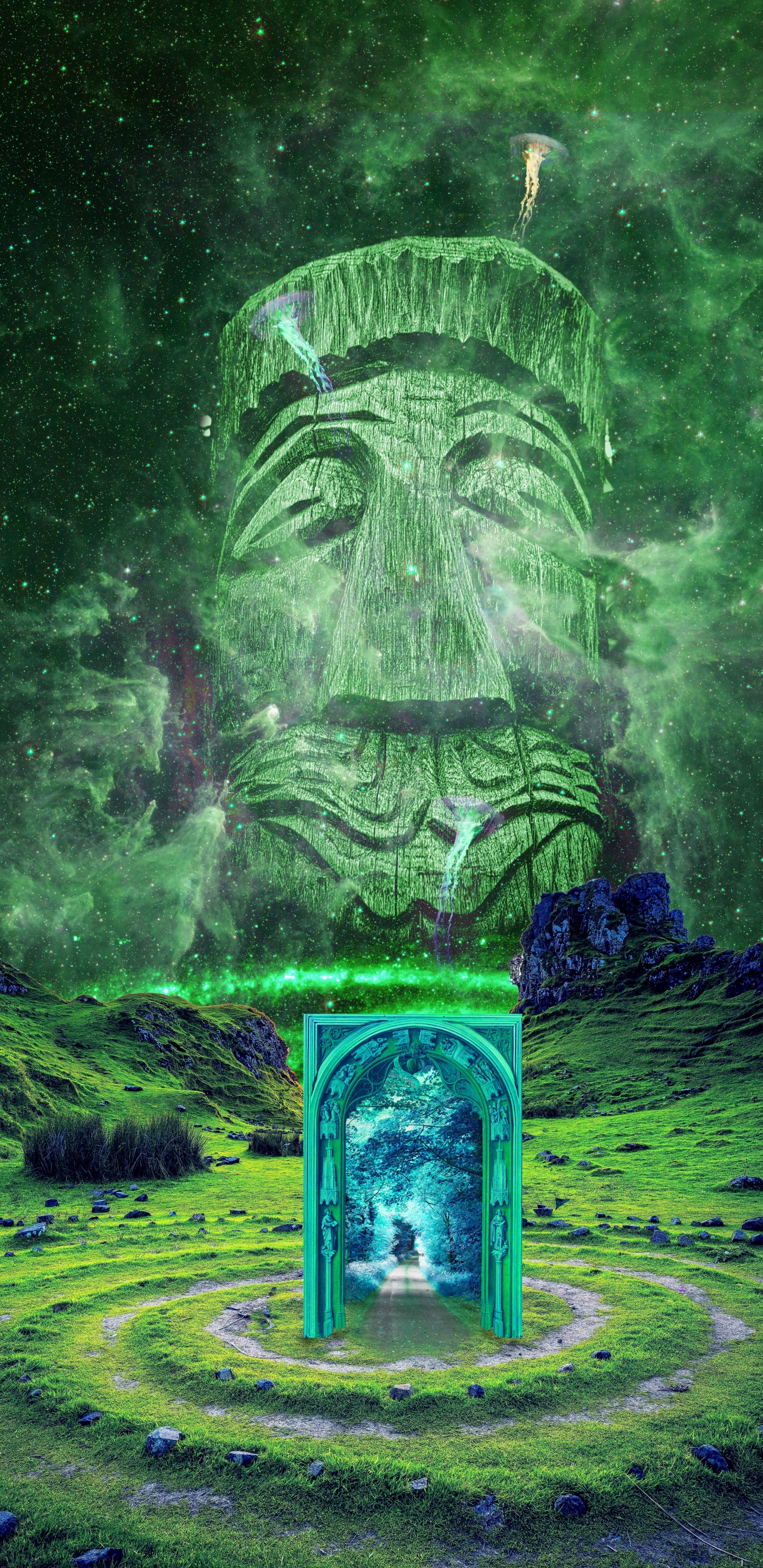 Grüner Und Lila Wasserbrunnen. Wallpaper in 1440x2960 Resolution