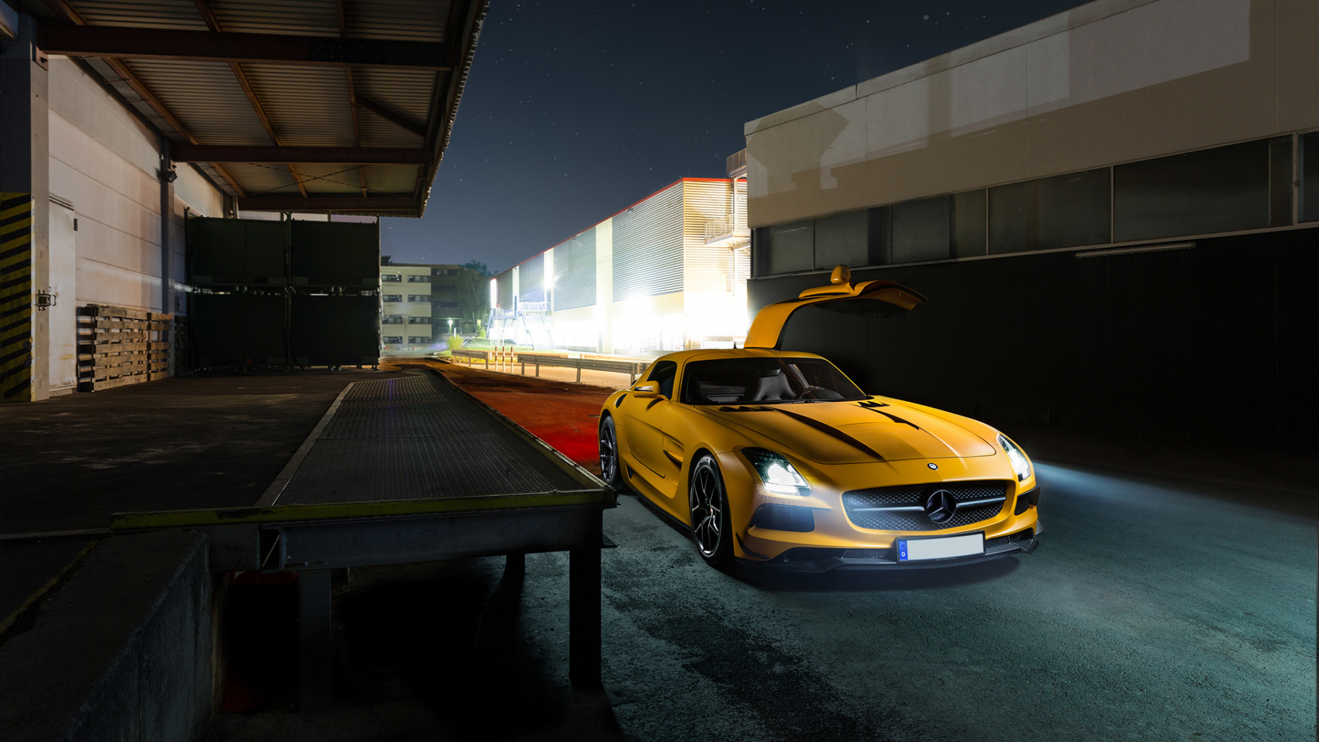 Yellow Porsche 911 Parked Near Building During Night Time. Wallpaper in 1920x1080 Resolution