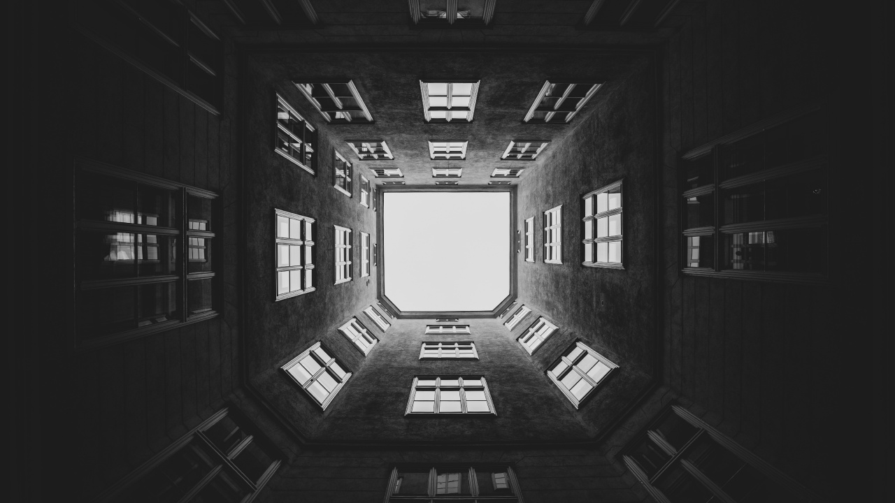 Grayscale Photo of Building Interior. Wallpaper in 1280x720 Resolution