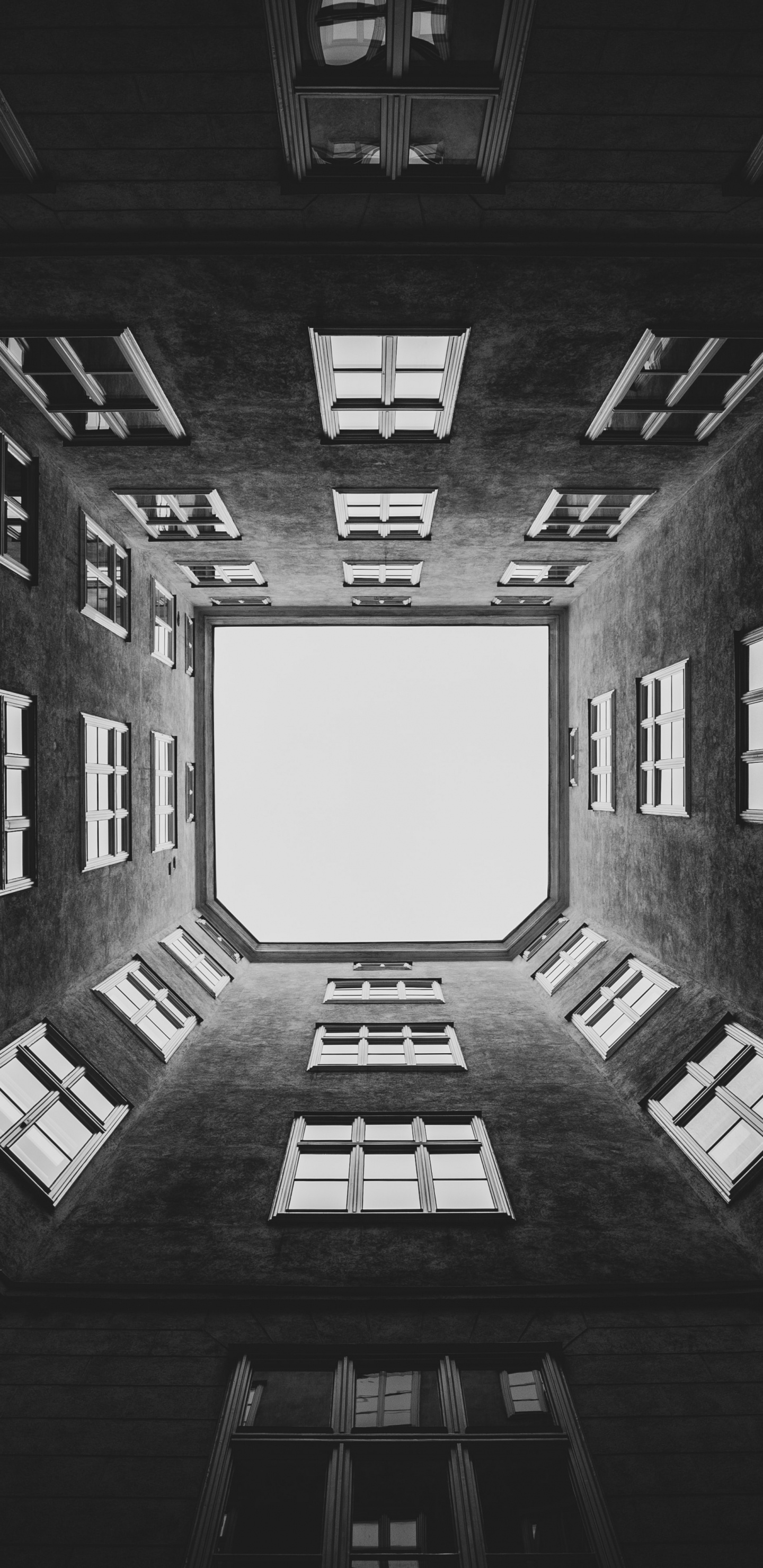 Grayscale Photo of Building Interior. Wallpaper in 1440x2960 Resolution