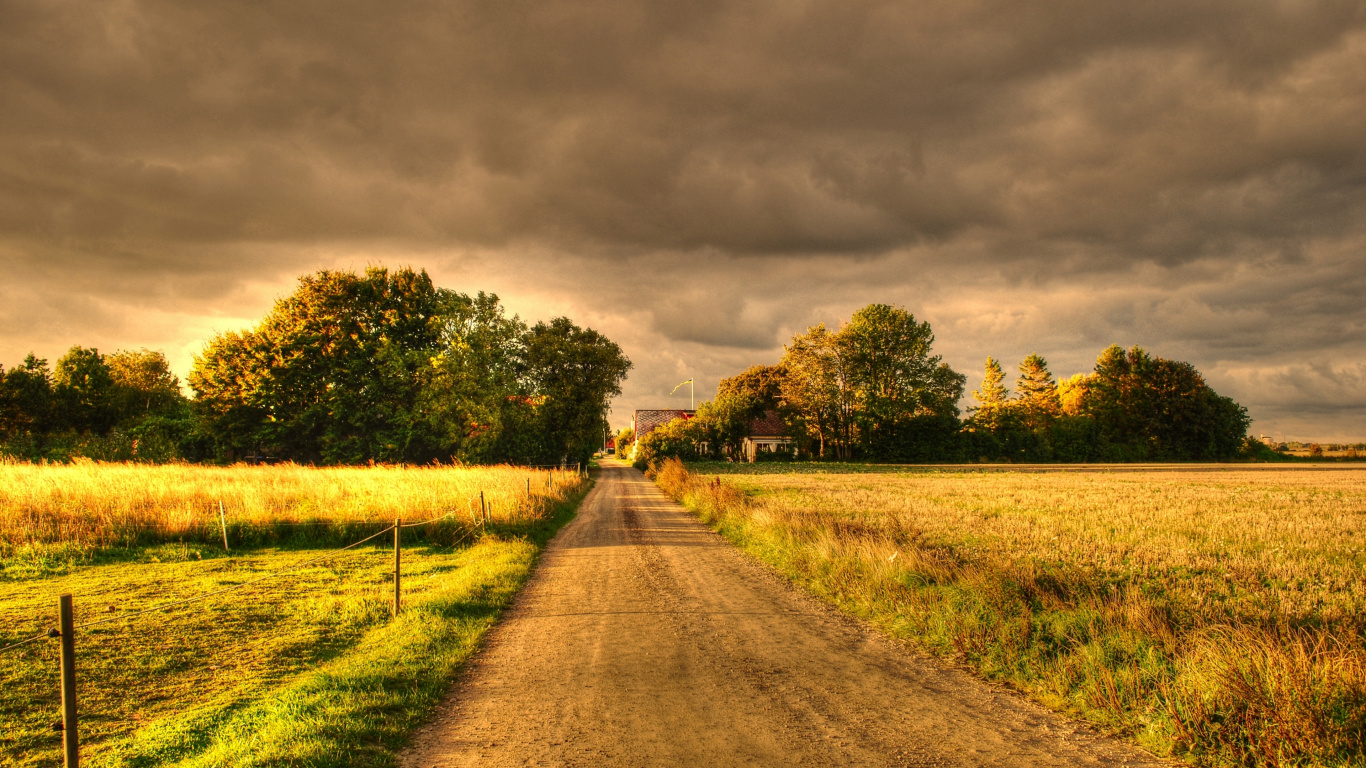 Gray Concrete Road Between Green Grass Field Under Gray Clouds. Wallpaper in 1366x768 Resolution