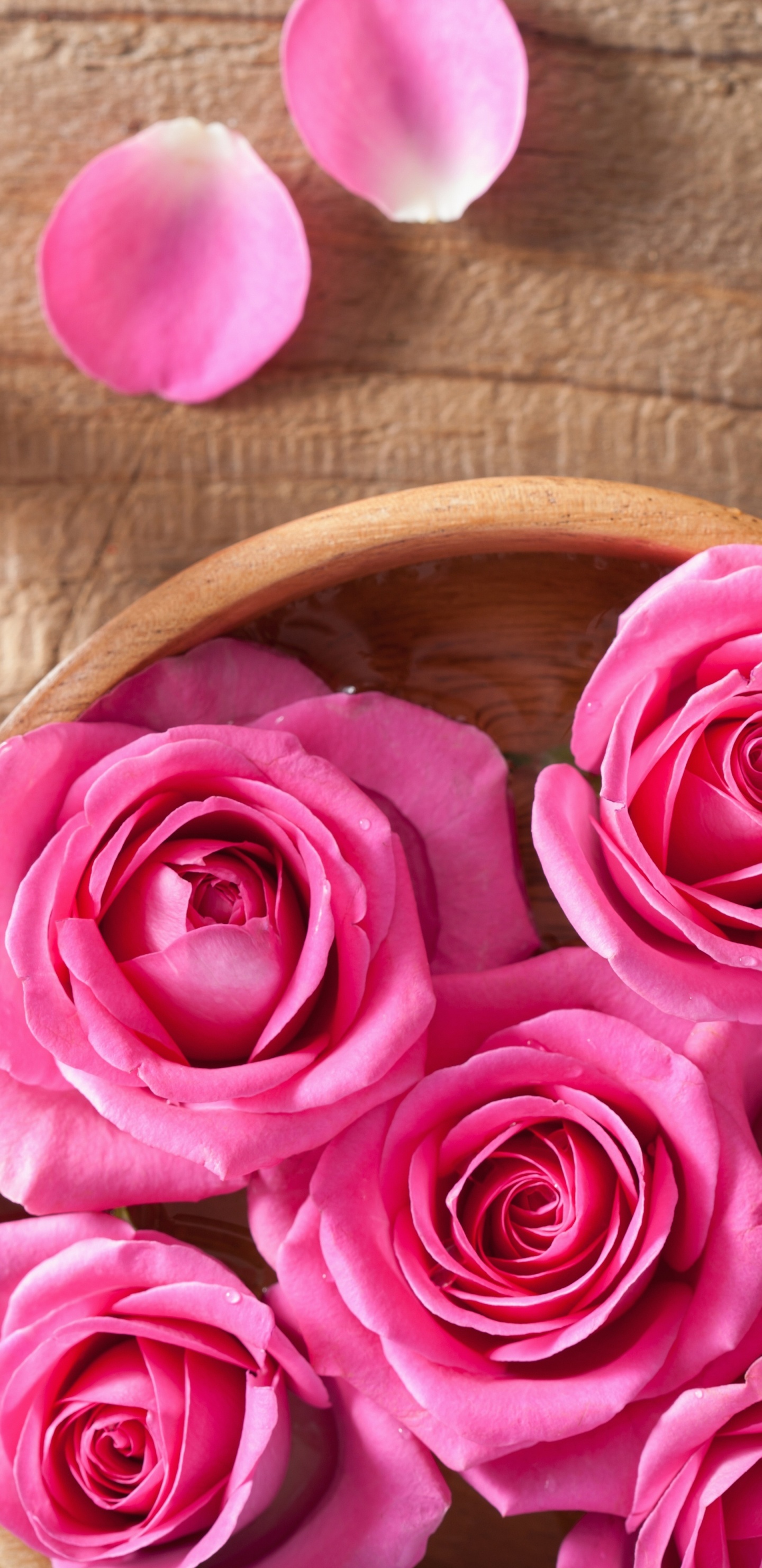 Roses Roses Sur Plateau Rond en Bois Marron. Wallpaper in 1440x2960 Resolution