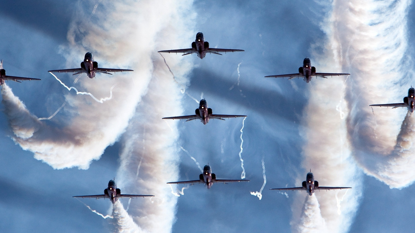 Four Fighter Planes in Mid Air. Wallpaper in 1366x768 Resolution