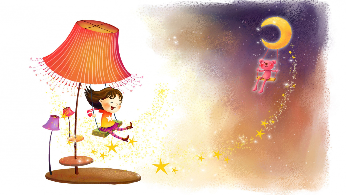 Girl in Pink Dress Holding Umbrella Beside Girl in Blue Dress Illustration. Wallpaper in 1366x768 Resolution