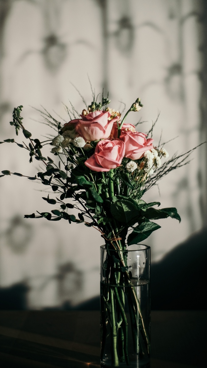 Red and White Roses in Clear Glass Vase. Wallpaper in 720x1280 Resolution