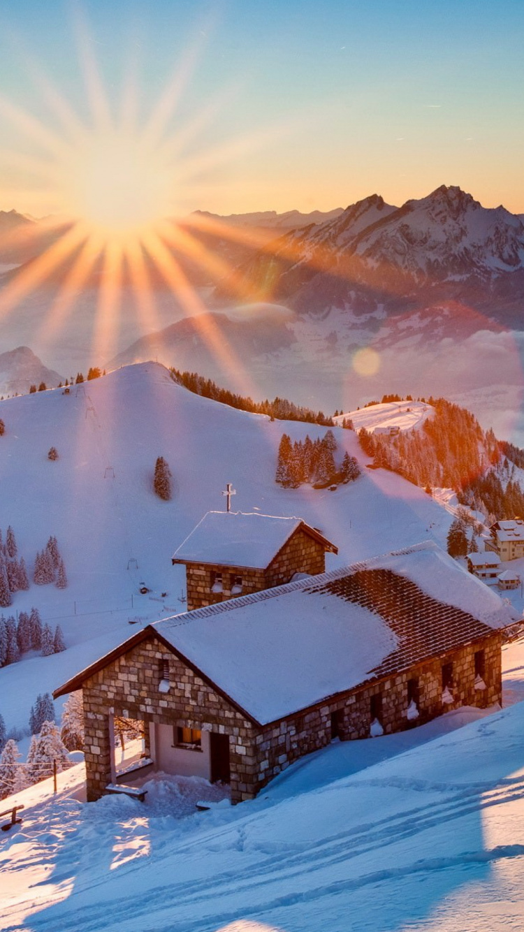 冬天, 多山的地貌, 山脉, 阿尔卑斯山, 阳光 壁纸 750x1334 允许
