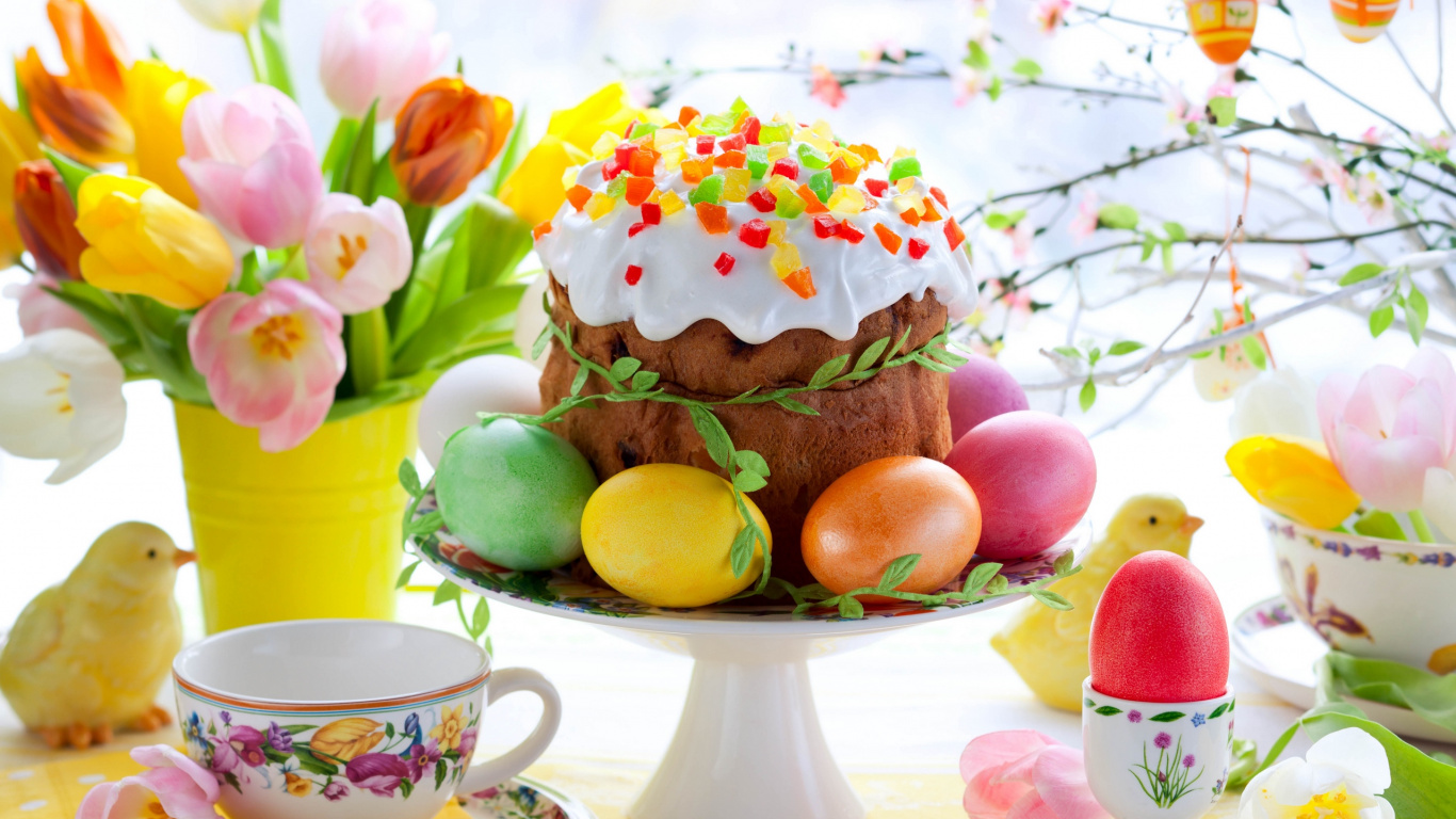 Kulich, Easter, Food, Sweetness, Dessert. Wallpaper in 1366x768 Resolution