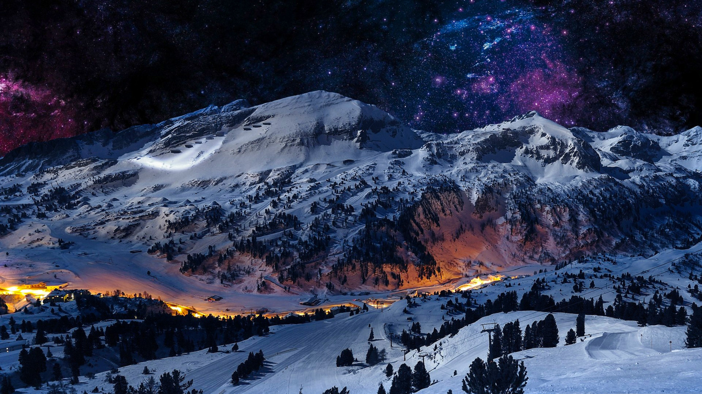 Schnee, Natur, Winter, Bergigen Landschaftsformen, Nacht. Wallpaper in 1366x768 Resolution