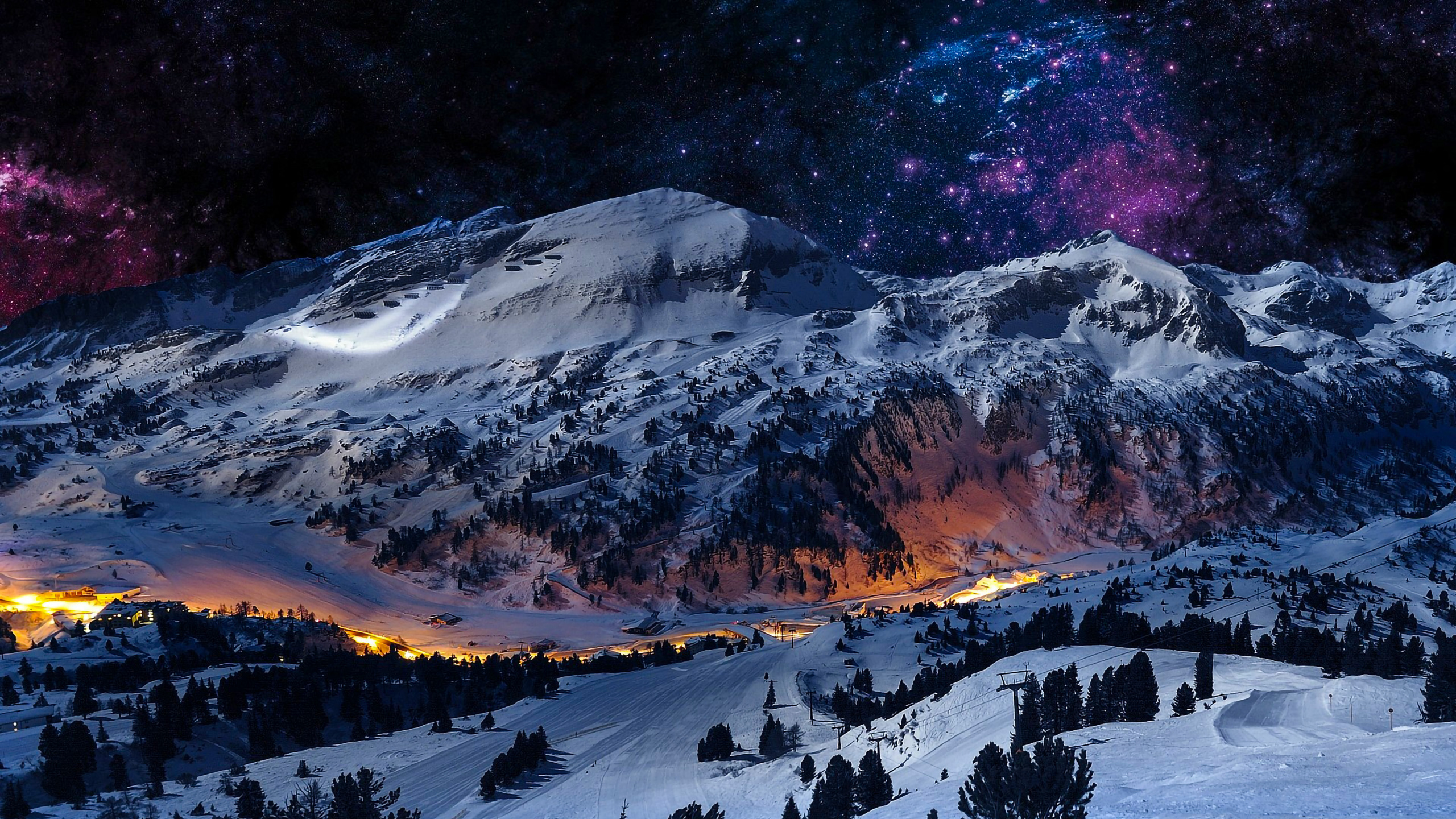 Schnee, Natur, Winter, Bergigen Landschaftsformen, Nacht. Wallpaper in 2560x1440 Resolution