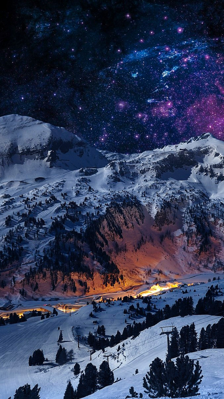 Schnee, Natur, Winter, Bergigen Landschaftsformen, Nacht. Wallpaper in 750x1334 Resolution