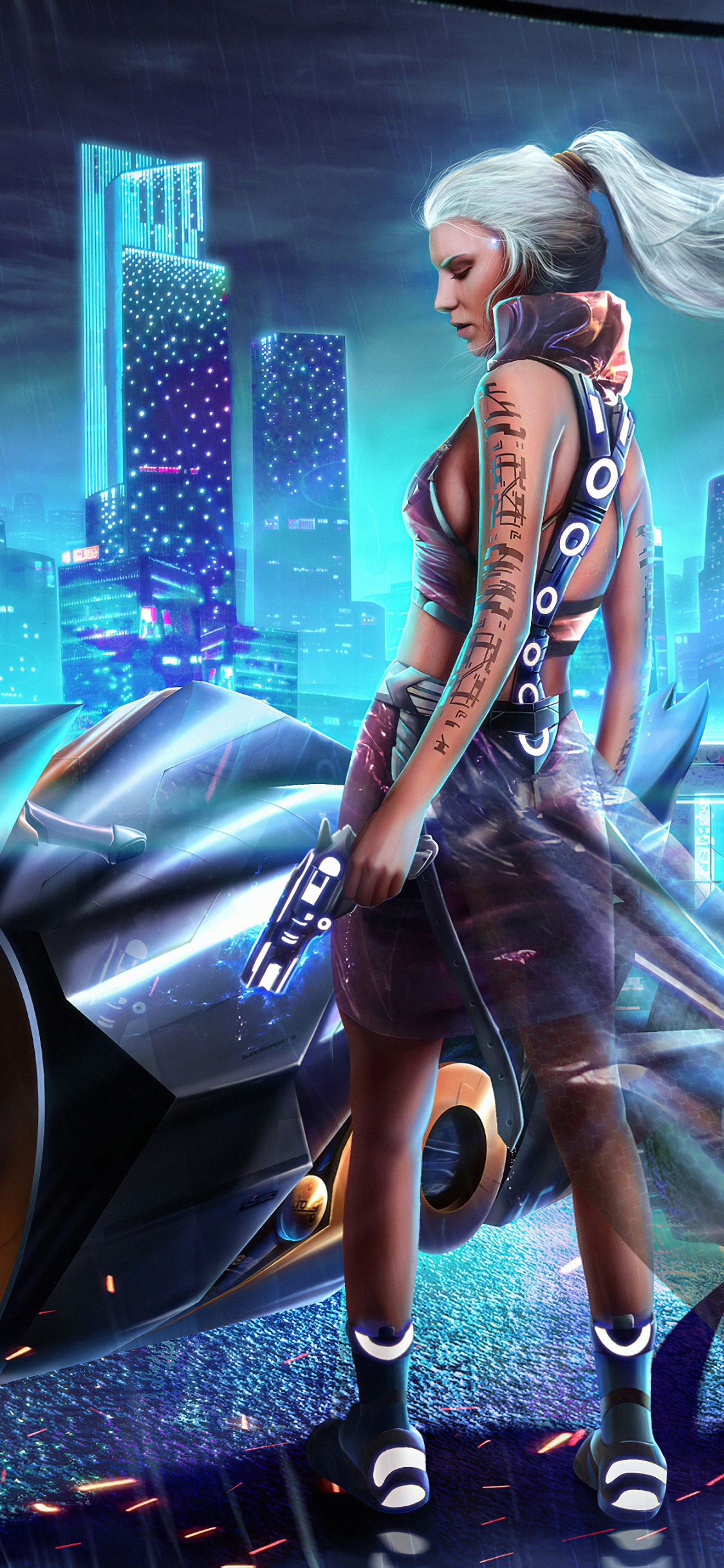 Woman in Black Leather Jacket and Black Pants Standing Beside Black Car. Wallpaper in 1125x2436 Resolution