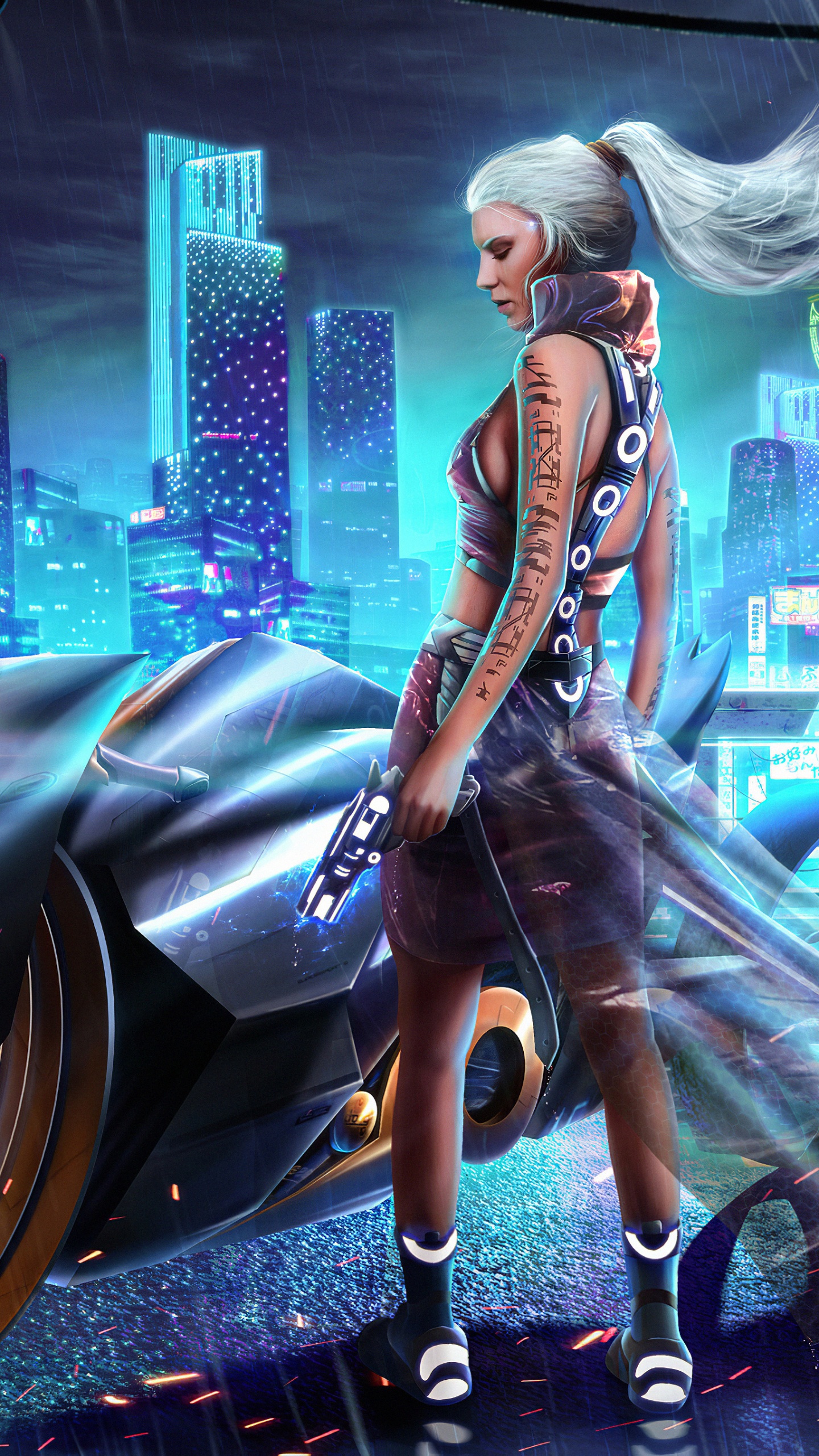 Woman in Black Leather Jacket and Black Pants Standing Beside Black Car. Wallpaper in 1440x2560 Resolution