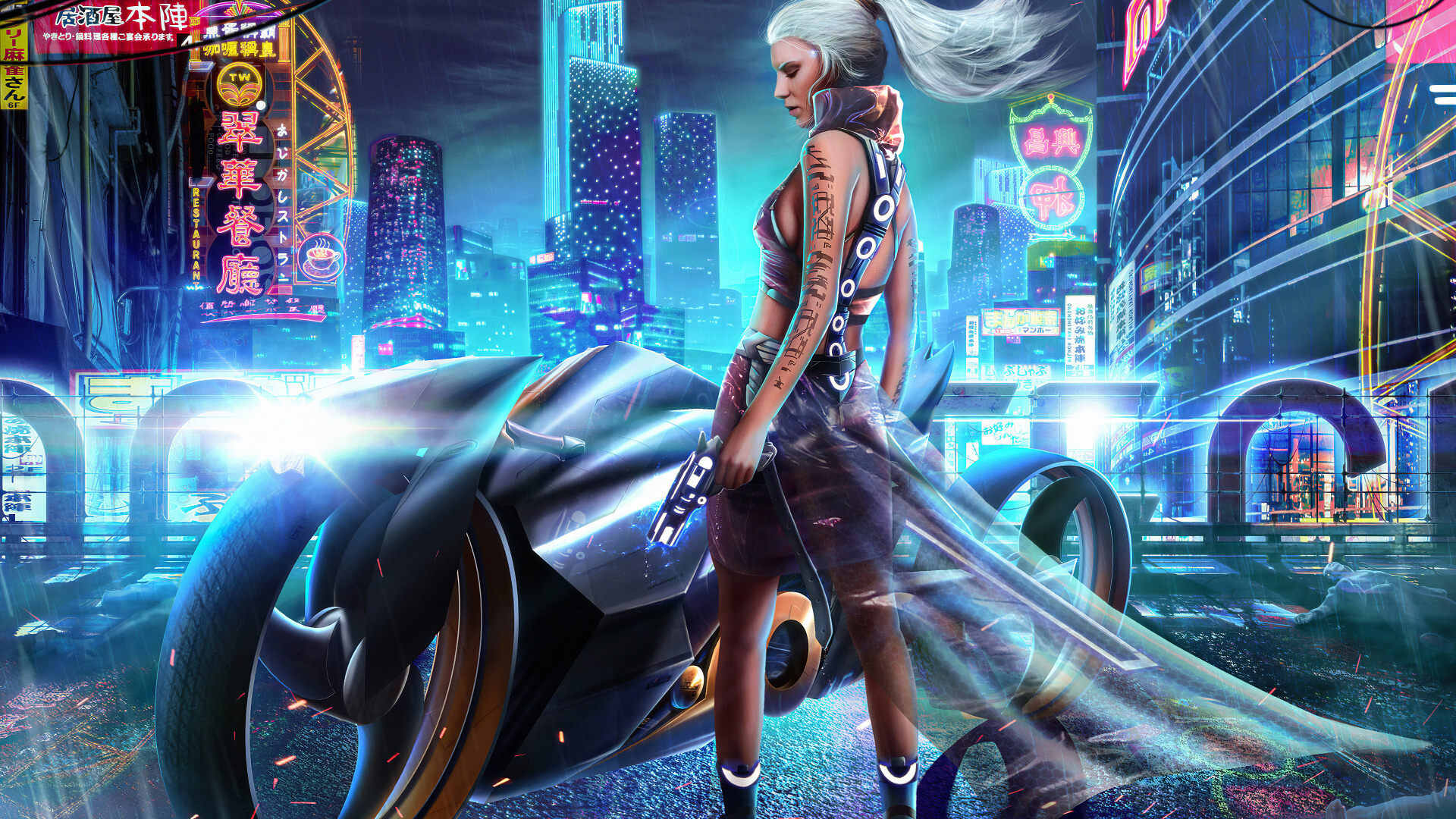 Woman in Black Leather Jacket and Black Pants Standing Beside Black Car. Wallpaper in 1920x1080 Resolution