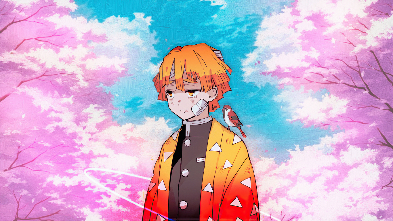 Anime, Zenitsu Agatsuma, Asesino de Demonios Kimetsu no Yaiba, La Gente en la Naturaleza, Caricatura. Wallpaper in 1366x768 Resolution