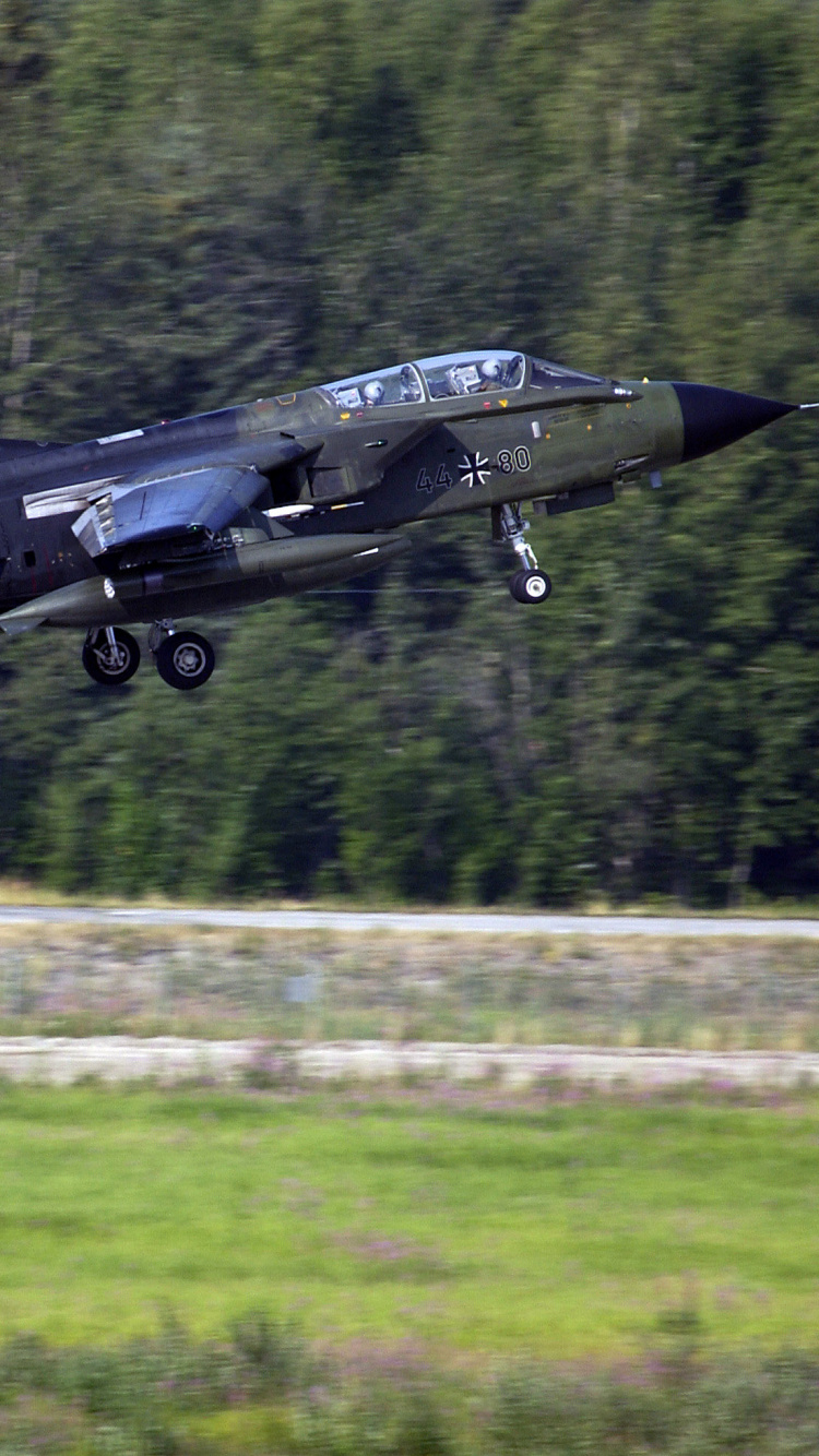 Avión Jet Negro Volando Sobre el Campo de Hierba Verde Durante el Día. Wallpaper in 750x1334 Resolution
