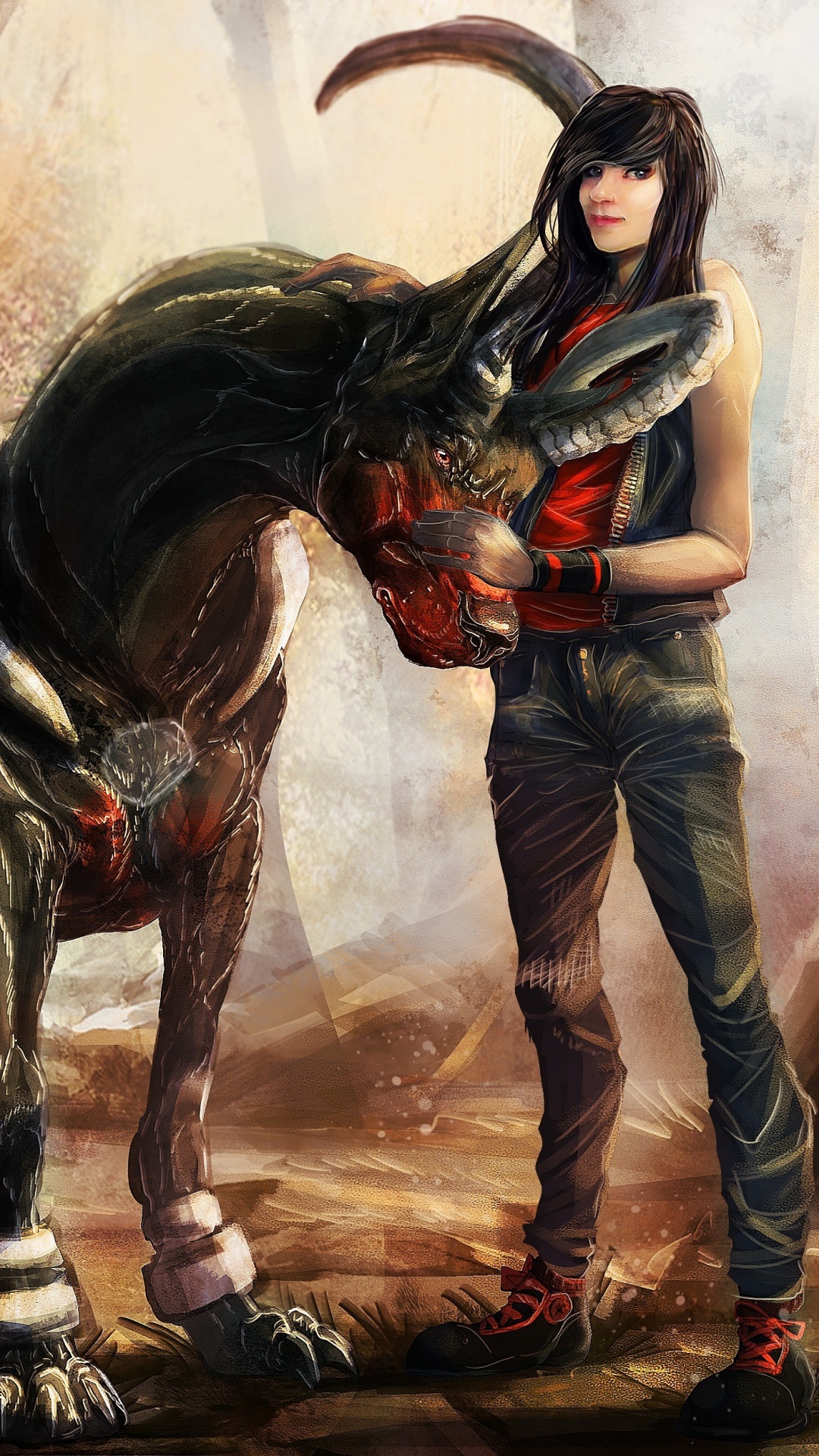 Woman in Black and Red Long Sleeve Shirt and Blue Denim Jeans Standing Beside Black Horse. Wallpaper in 1080x1920 Resolution