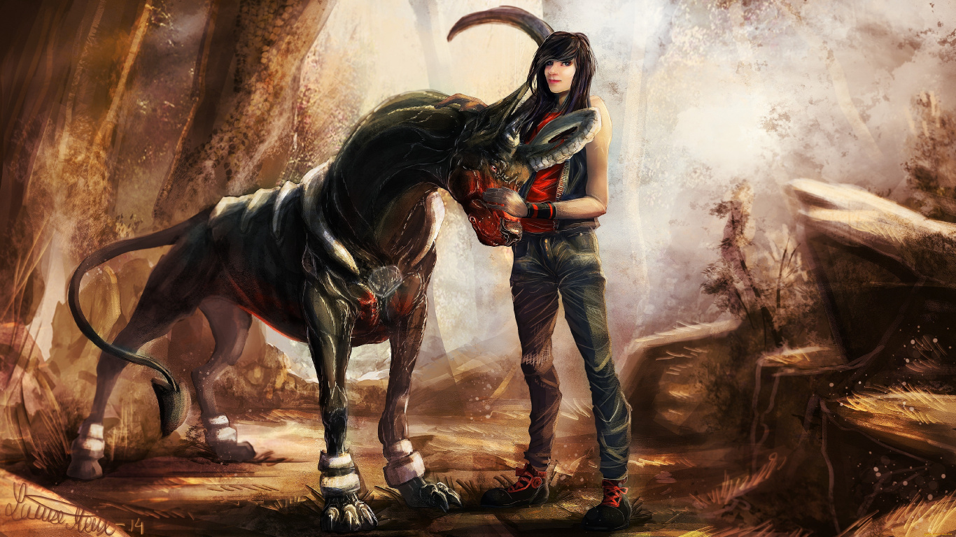 Woman in Black and Red Long Sleeve Shirt and Blue Denim Jeans Standing Beside Black Horse. Wallpaper in 1366x768 Resolution