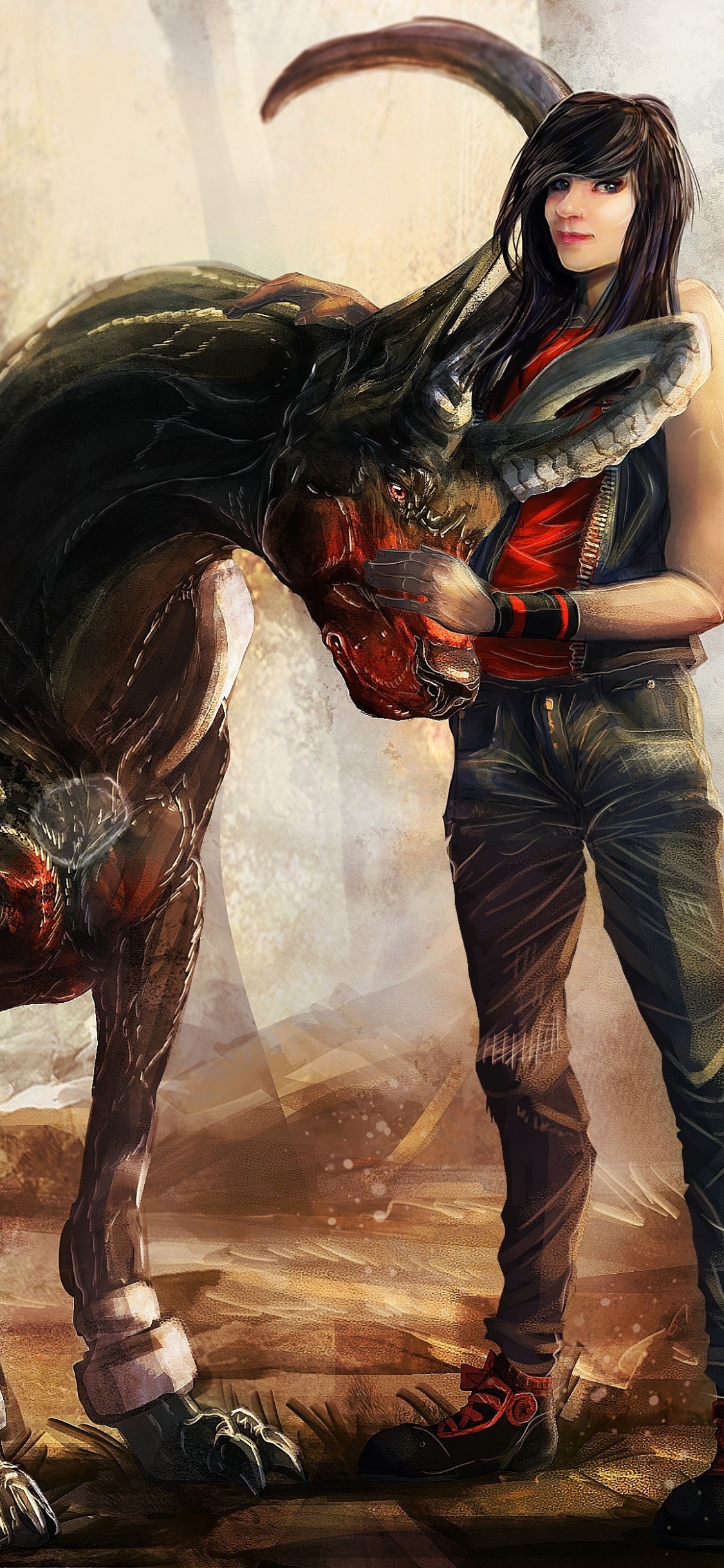 Mujer en Camisa de Manga Larga Negra y Roja y Pantalones Vaqueros Azules de Pie Junto al Caballo Negro. Wallpaper in 1125x2436 Resolution