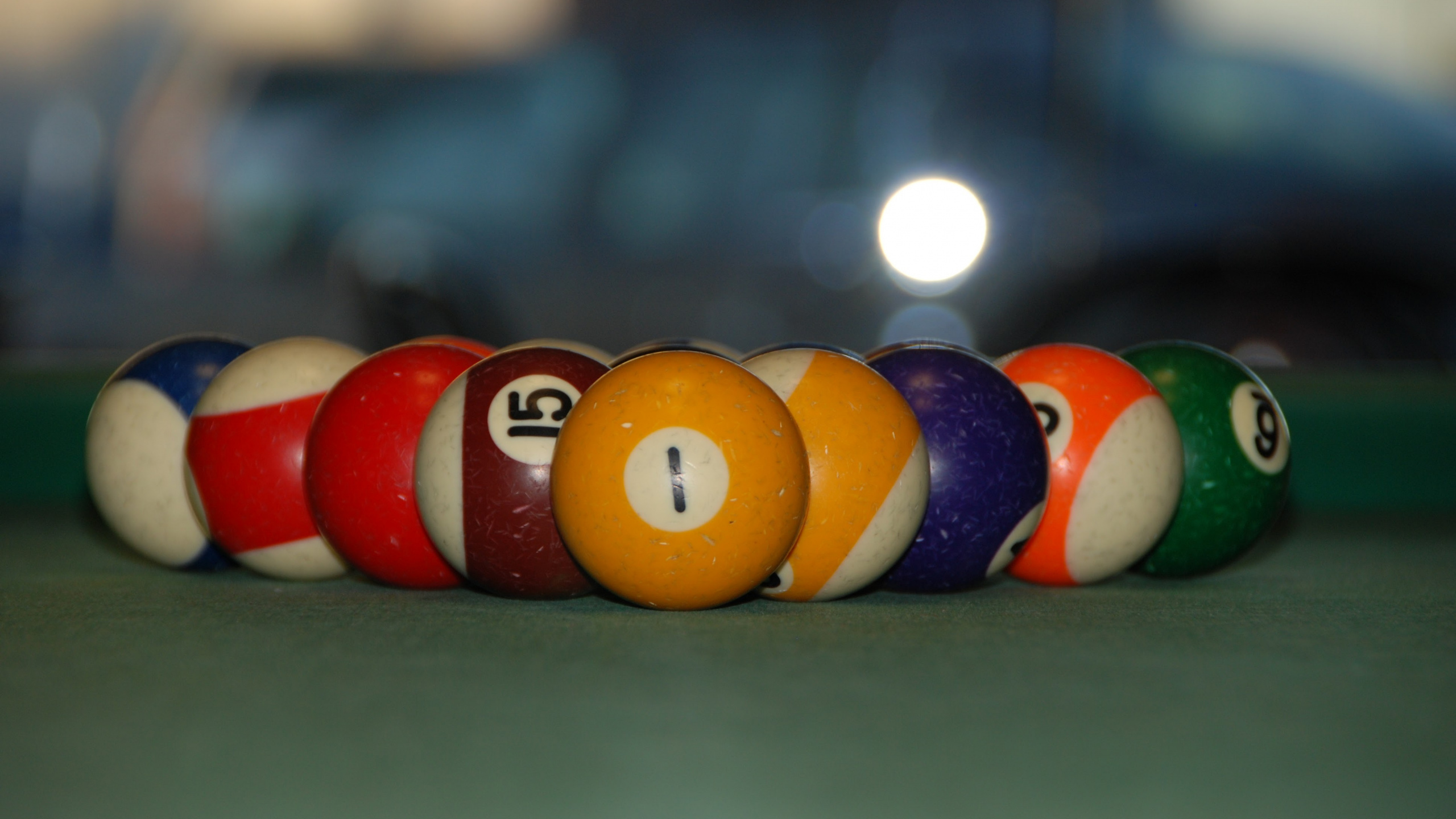 Billiard Balls on Green Billiard Table. Wallpaper in 2560x1440 Resolution