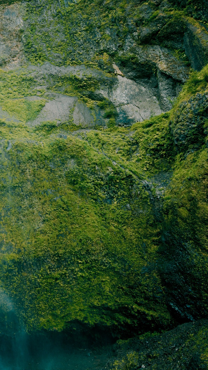Water Falls on Green Moss Covered Rock. Wallpaper in 720x1280 Resolution