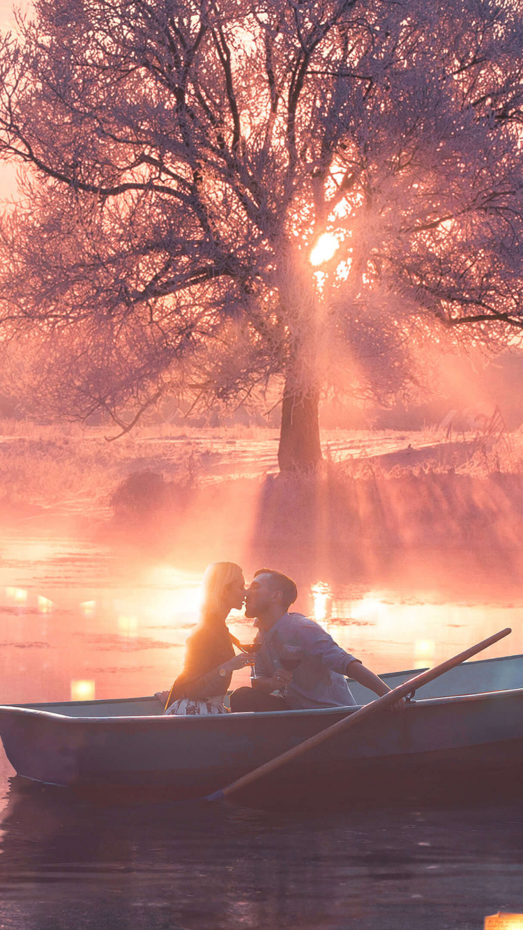 Matin, Calme, Eau, Lever, Bateau. Wallpaper in 750x1334 Resolution