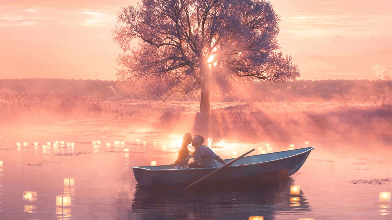 Morning, Calm, Water, Sunrise, Boat. Wallpaper in 1366x768 Resolution
